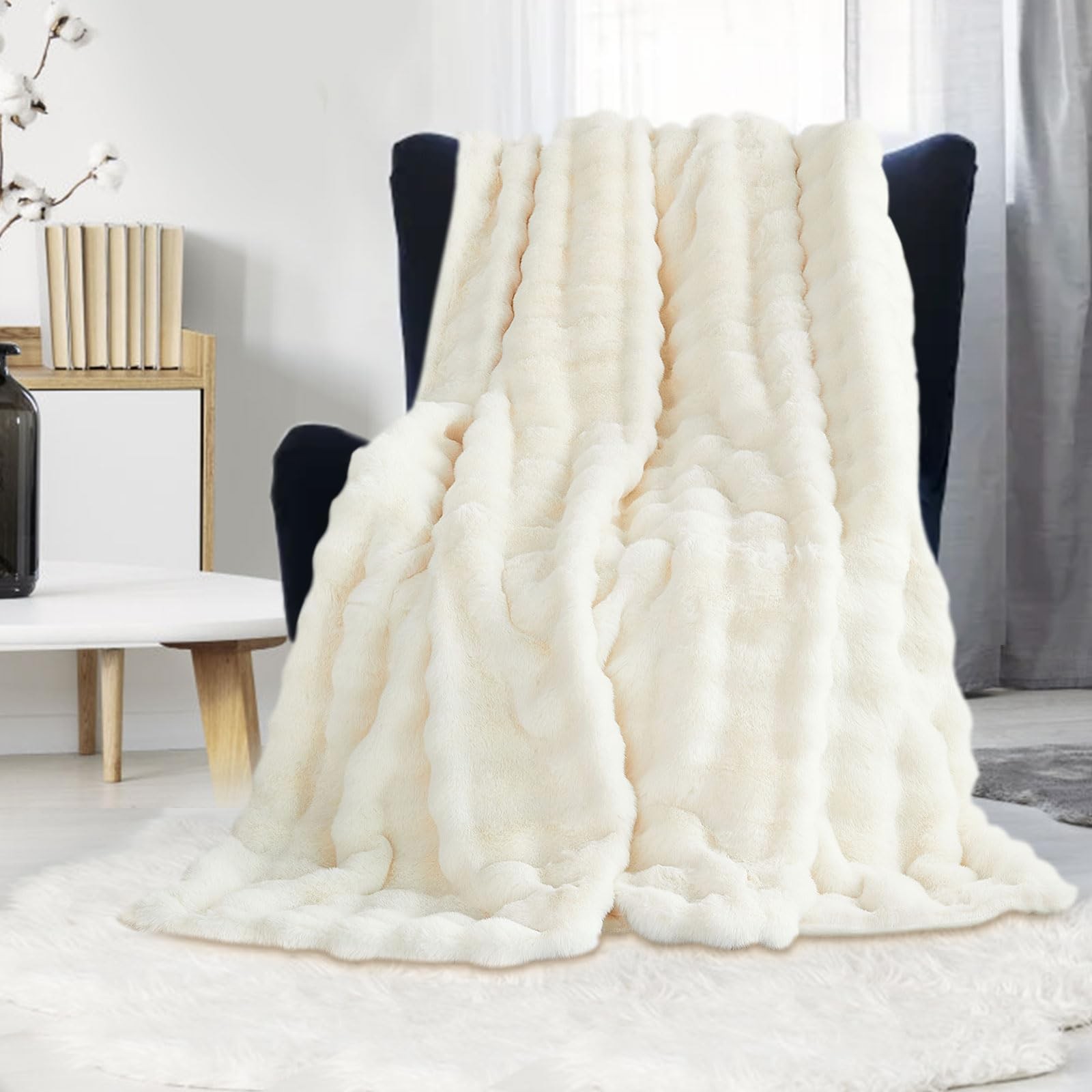 Plush Faux Fur Rabbit Blanket - White 100x160cm Small