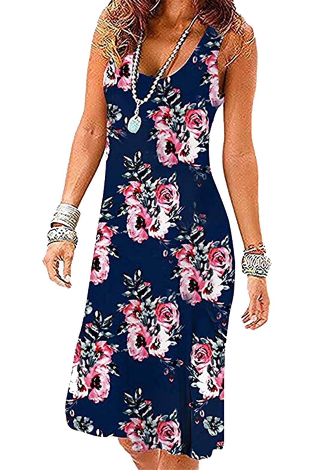 Women's Pleated A-Line Summer Dress - Dark Blue Peony 3XL