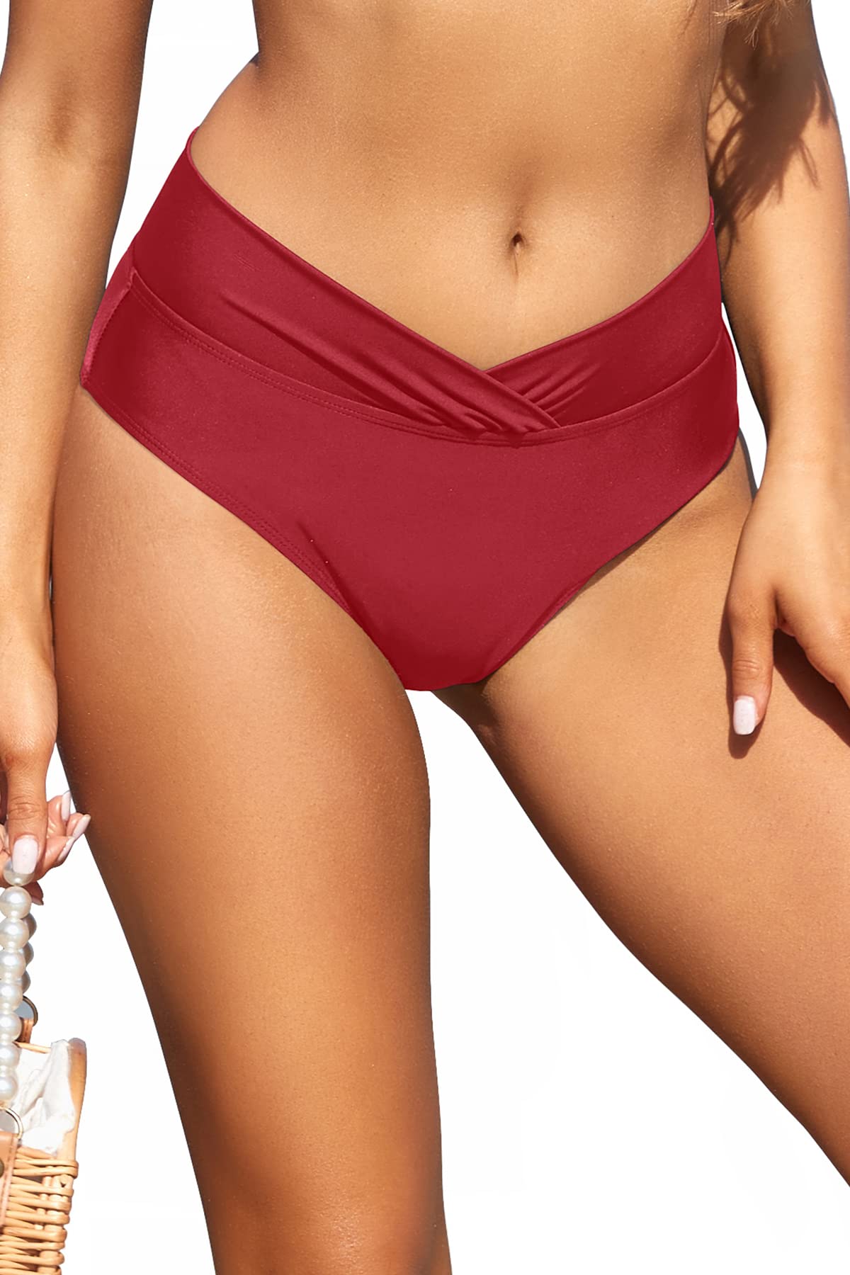 SHEKINI Women's High Waist Bikini Bottoms Ruched Foldover Red, Medium-image-51b15c52-af34-41e0-8bfe-f78ba4ec1675-61265