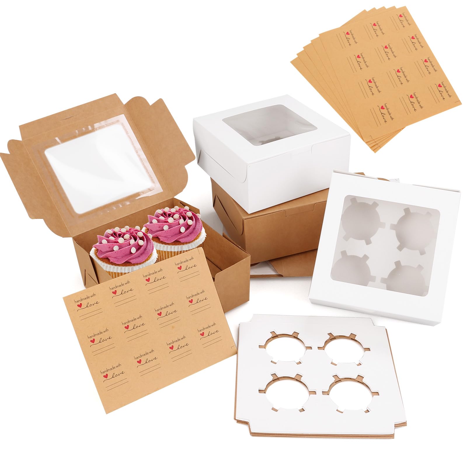 Cupcake Boxes 4-Hole with Window - White & Brown 6.3x6.3x3 inch-image-c12ddc6d-7e18-4ed5-b3e2-26349d5c0259-109082