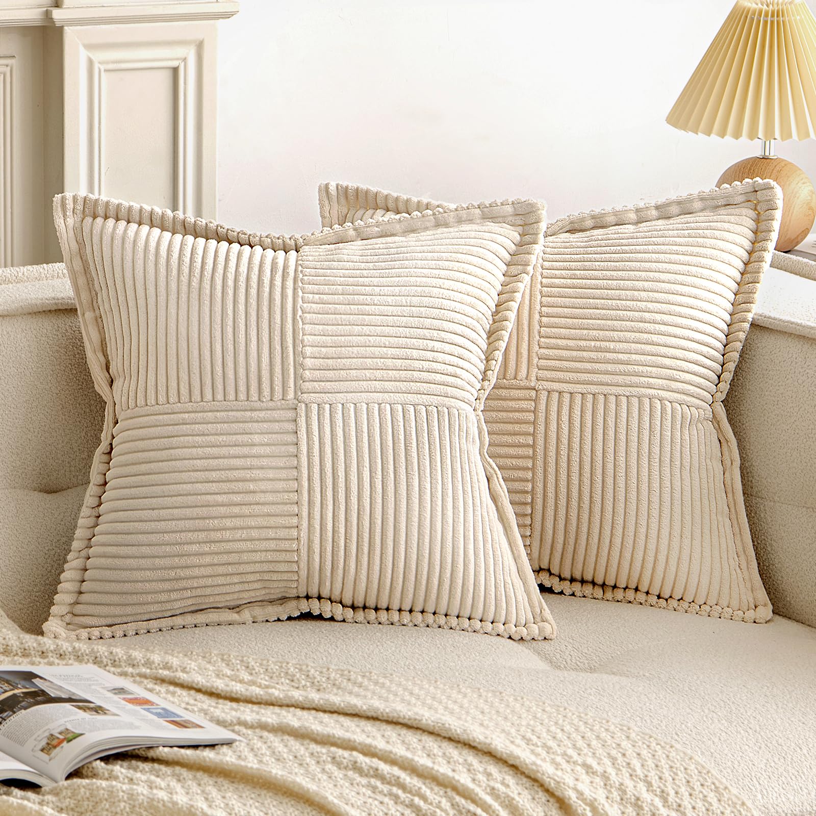 Cream Corduroy Cushion Covers 18x18 Inch - Soft Striped Pillowcases for Sofa & Bedroom, Set of 2-image-d7f7df89-feeb-427f-a701-d51000044db7-61677