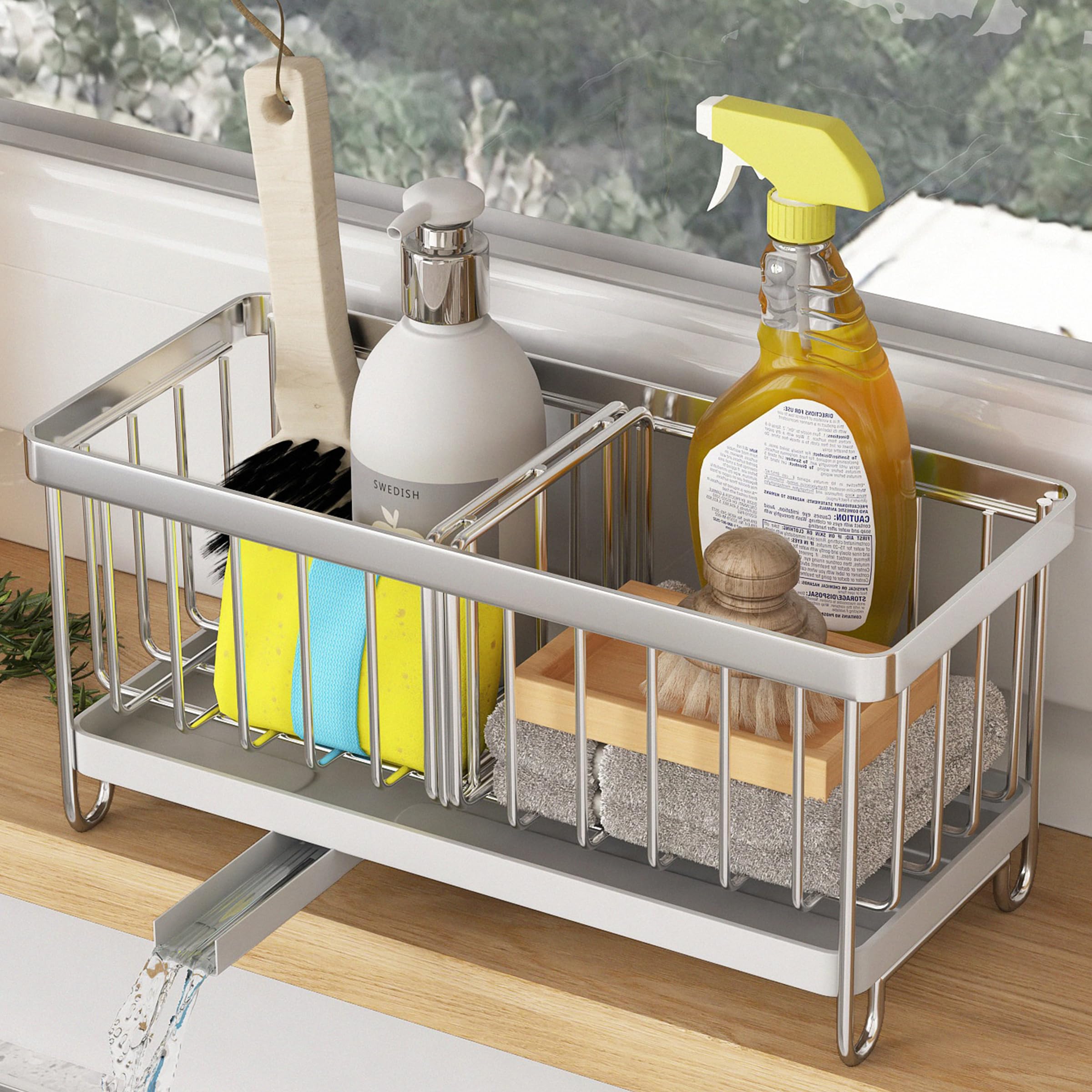 Kitchen Sink Caddy Organiser with Removable Drain Tray and Diversion Drainage, Black-image-a632a404-a020-4cda-8b86-741e8d25249e-68751