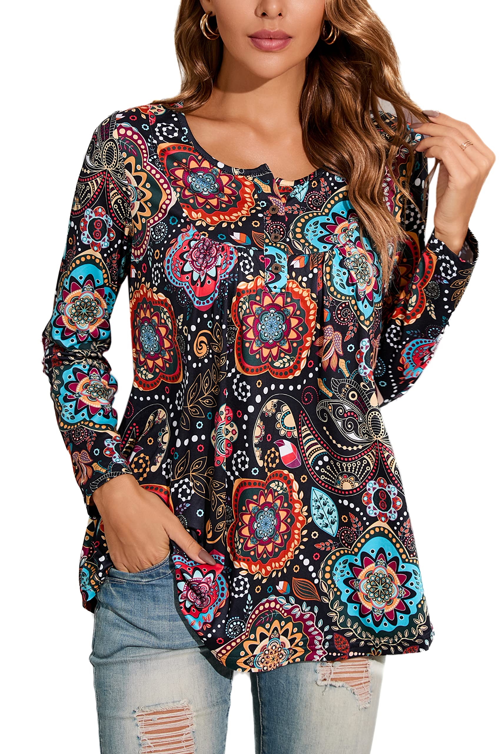 Women's Long Sleeve Tunic Top - Black Flower 2 S-image-edc17059-d777-4c70-8b0f-d1b347080d3b-119824