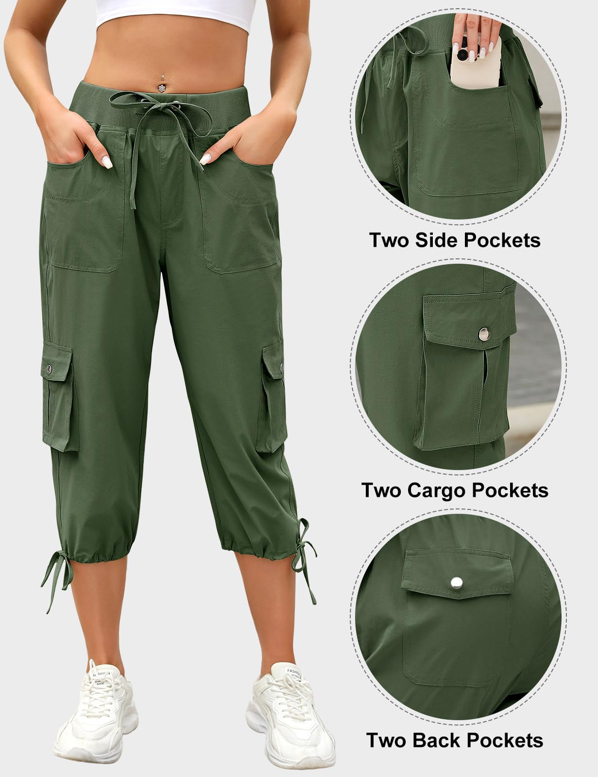 TOMEEK Damesbroek, zomer, hoge taille, elastisch, 7/8, cargobroek met trekkoord, capri, lichte vloeiende damesbroek met zakken, Kaki, M