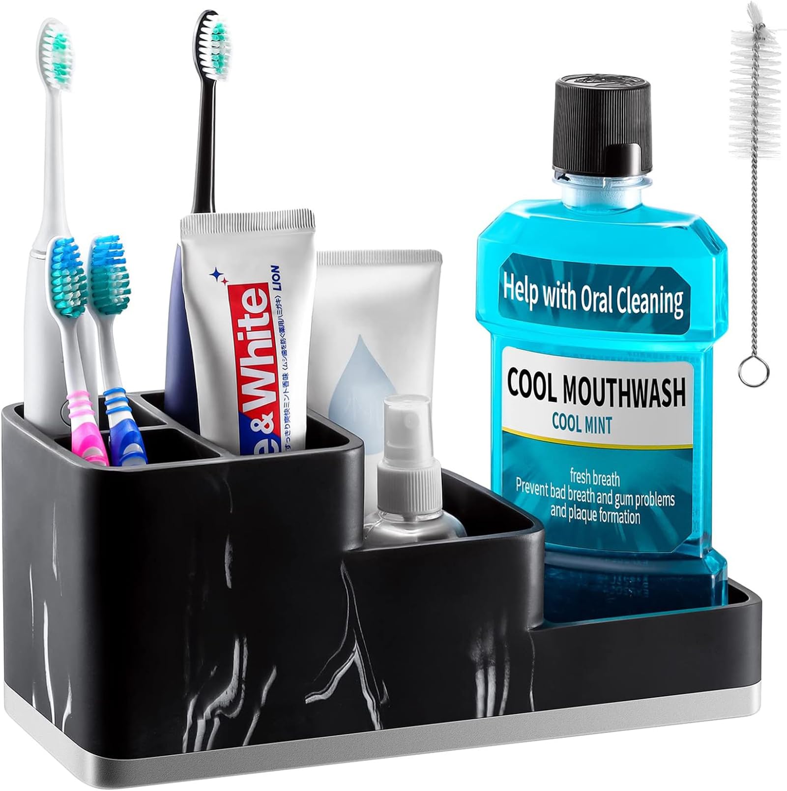 Black Marble Toothbrush Holder with Drainage - 5 Slot Bathroom Organiser Caddy-image-a91e927d-11eb-418f-bfc0-756cd8c9cf27-44880