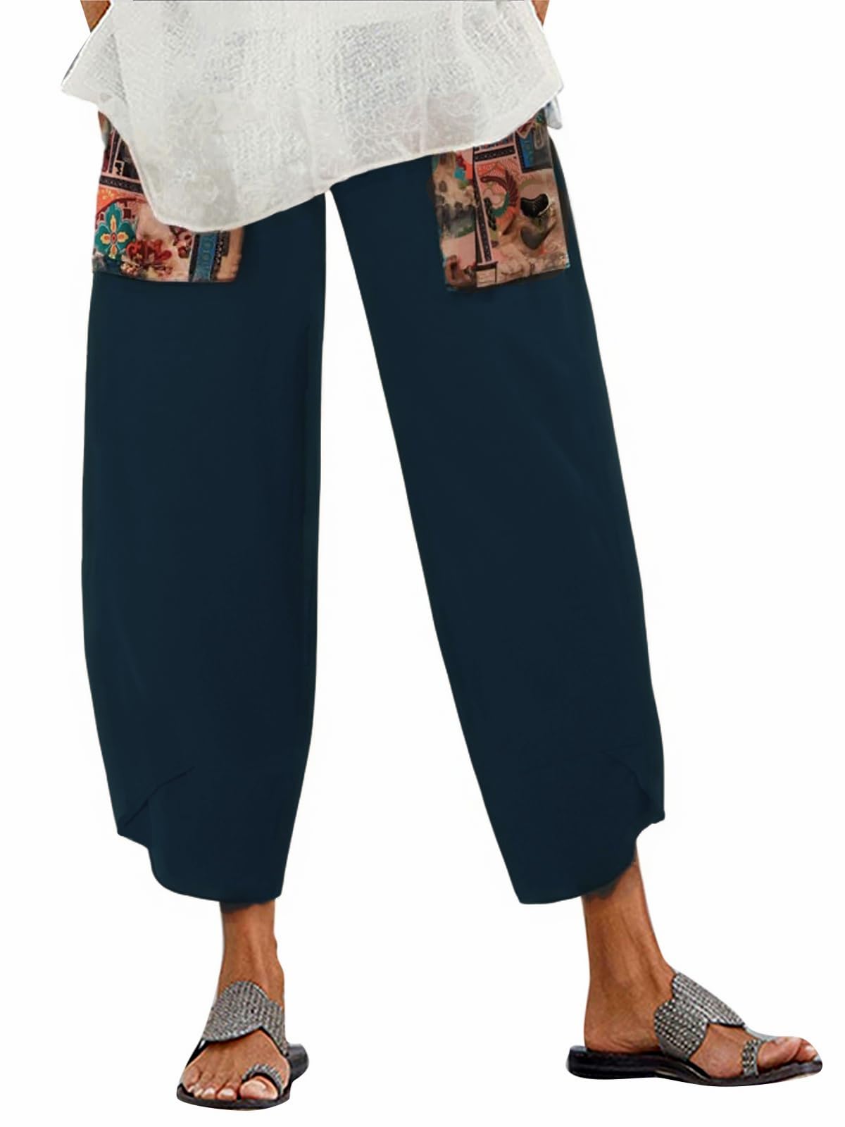 Women's Cropped Trousers - Brown with Blue Print XL-image-b31f10d3-35c5-4e01-9895-fb6f154e904d-114917