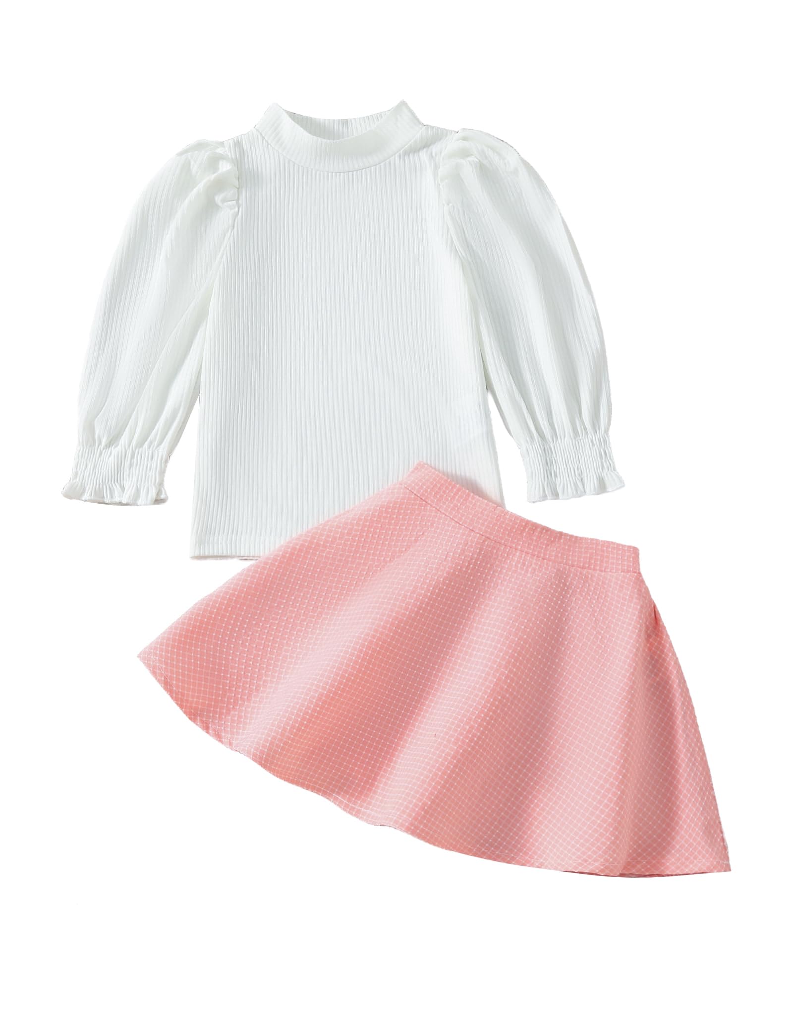 Toddler Girls Puff Sleeve Top & Pink Plaid Skirt Set 5-6 Years - Soft Cotton Blend, Perfect for Parties & Daily Wear-image-d3976a95-d366-41f5-88bb-45a113969c37-67182