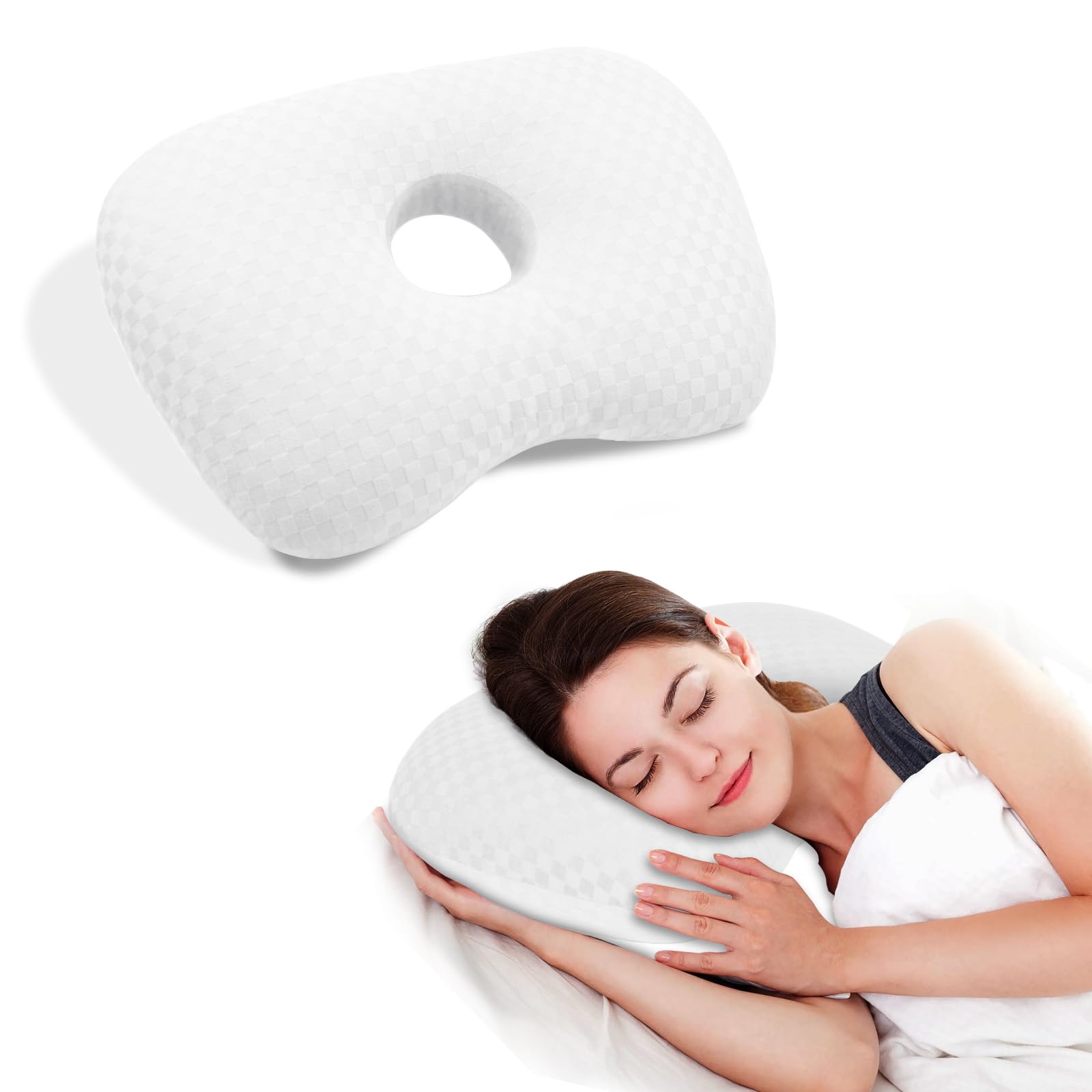 Ear Piercing Hole Side Sleeper Pillow - White Curved Style-image-8ddb63e8-f3d6-4b0e-bc29-0114463fc89a-97583