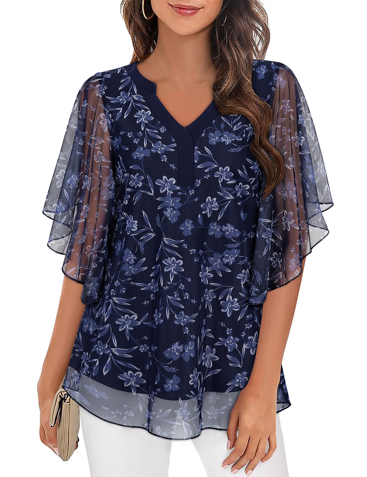 Ladies Floral Deep Blue V Neck Chiffon Tunic Top - 3/4 Sleeve, XXL-image-95d77a14-b7c1-4749-b143-43335932ab54-54791