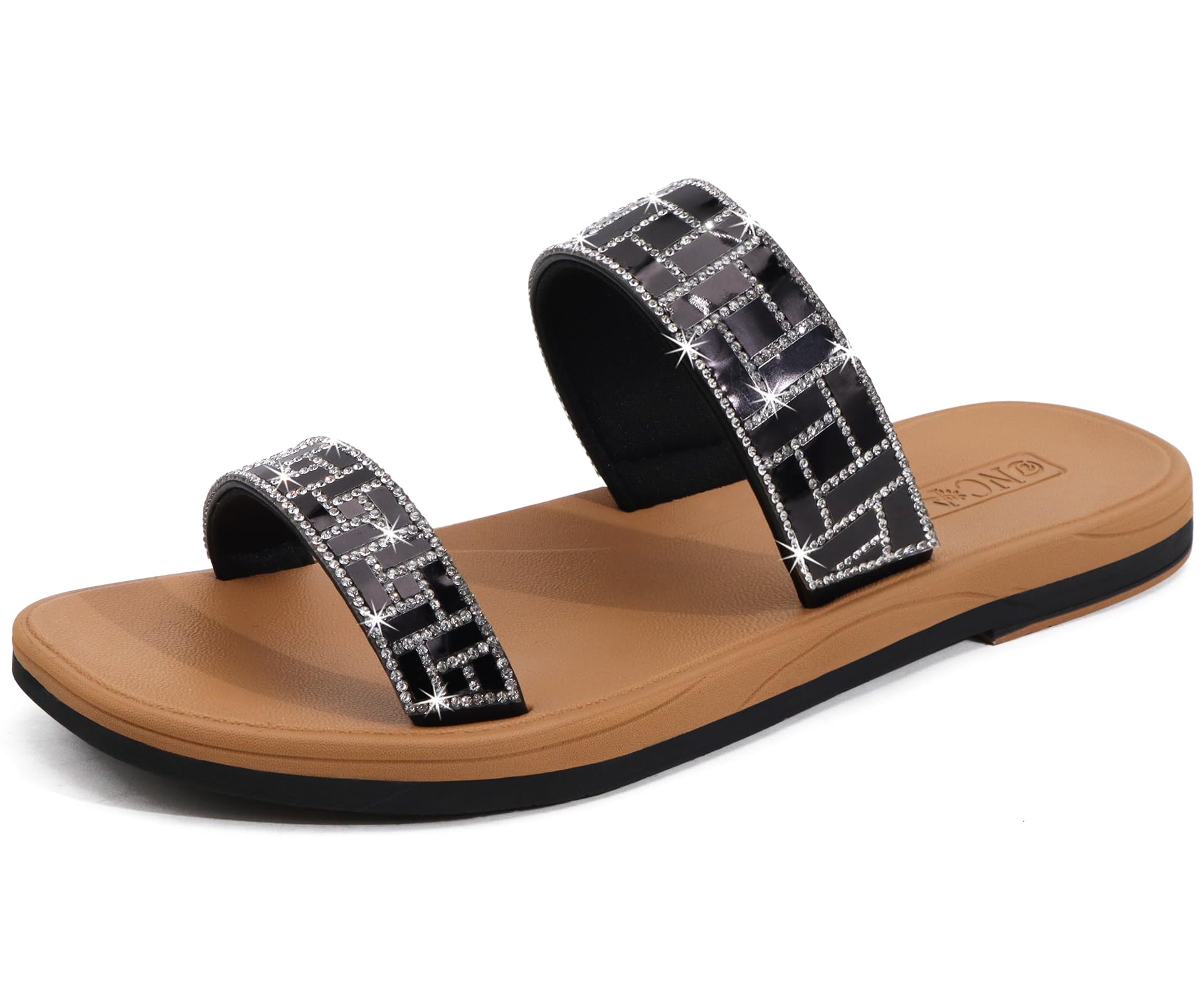 Women's Rhinestone Flat Sandals - Sparkling Black Khaki UK 6