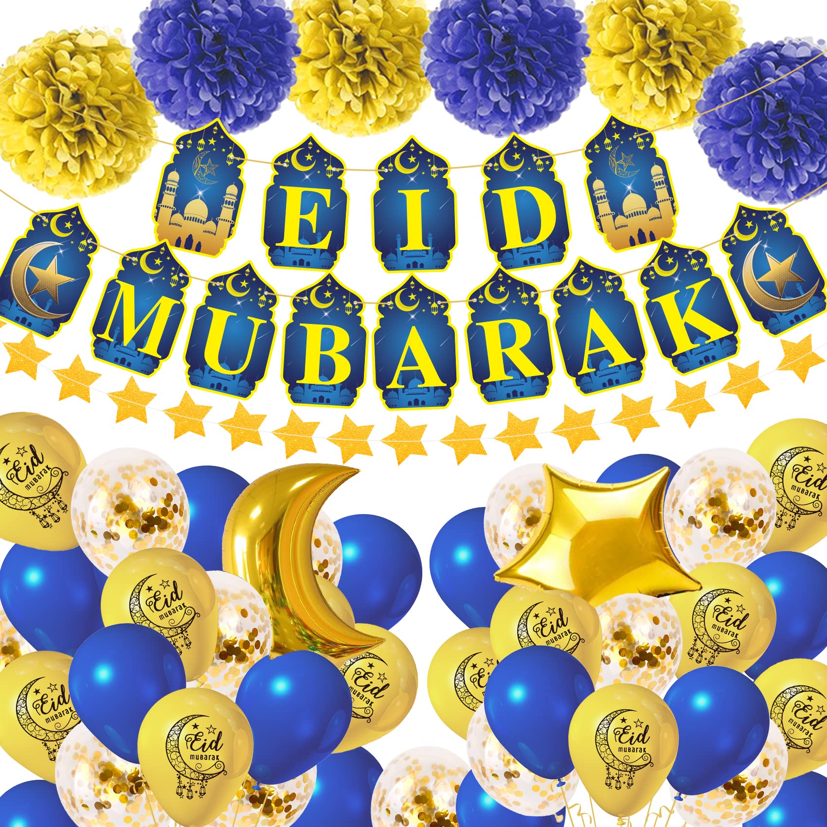 Eid Mubarak Decorations Set - Gold, Blue & Yellow