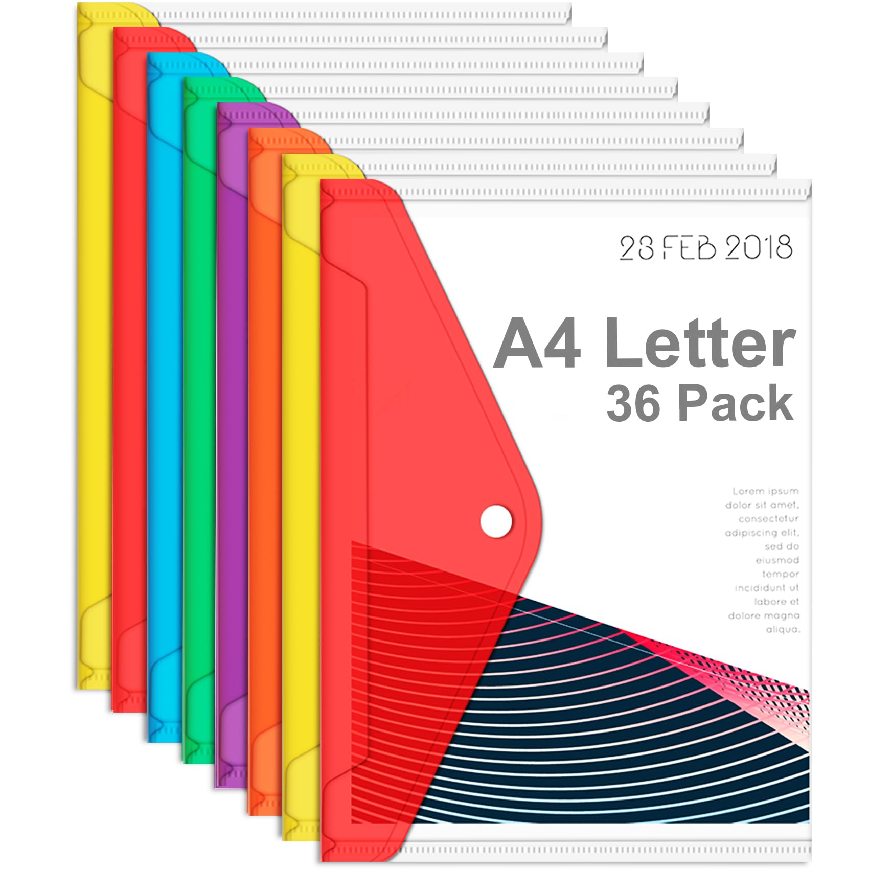 Clear Plastic A4 Envelopes with Snap Closure, 36pcs, Assorted Colours - Waterproof Document Pouches-image-26b85946-4511-448a-8736-36e44fc0d275-65984