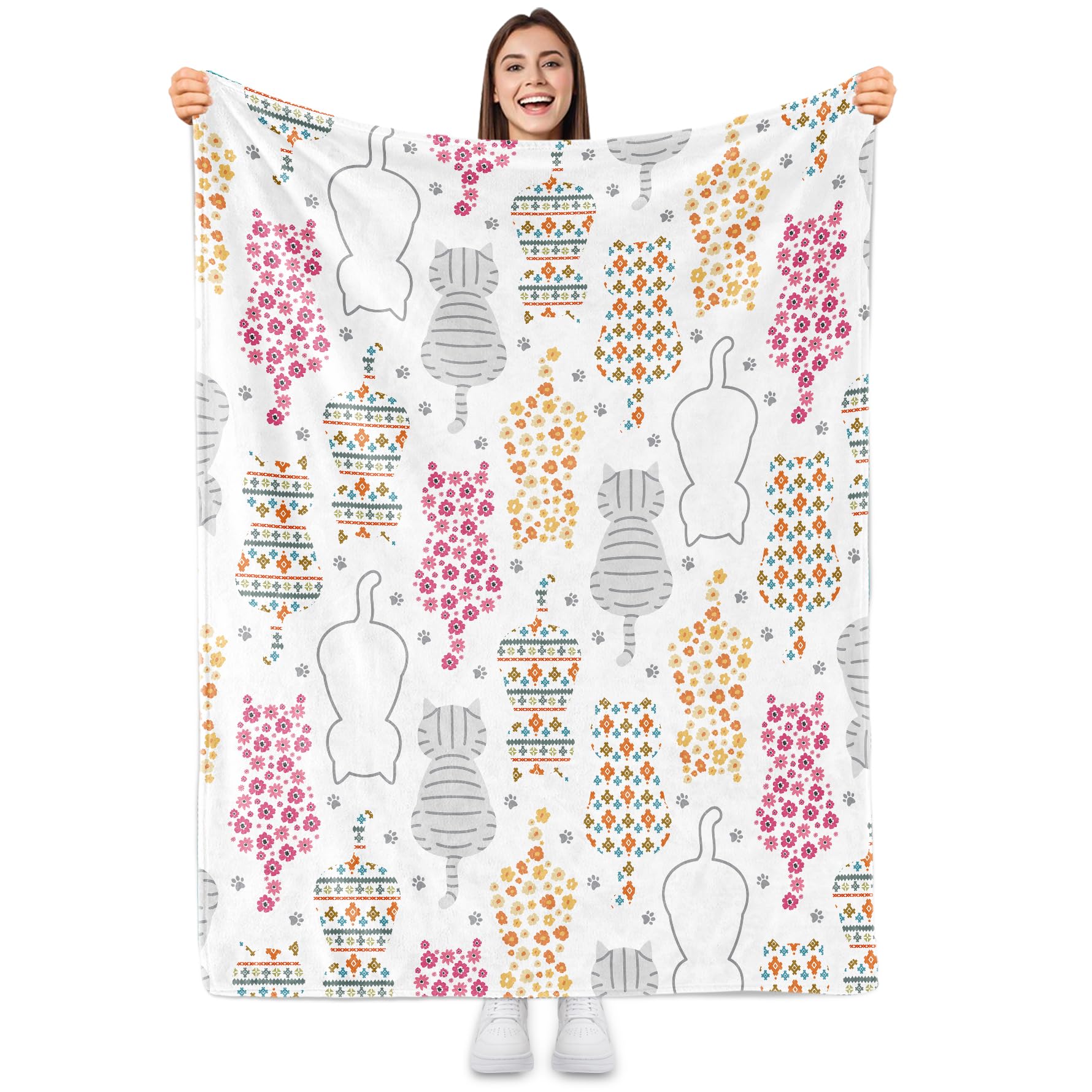 Floral Cat Throw Blanket, Soft Flannel, Boho Style, 50"x60" for Cat Lovers, Perfect Gift, Sofa or Bed Use-image-49bef31f-c794-4997-9fc7-301c5de2ec1a-67200