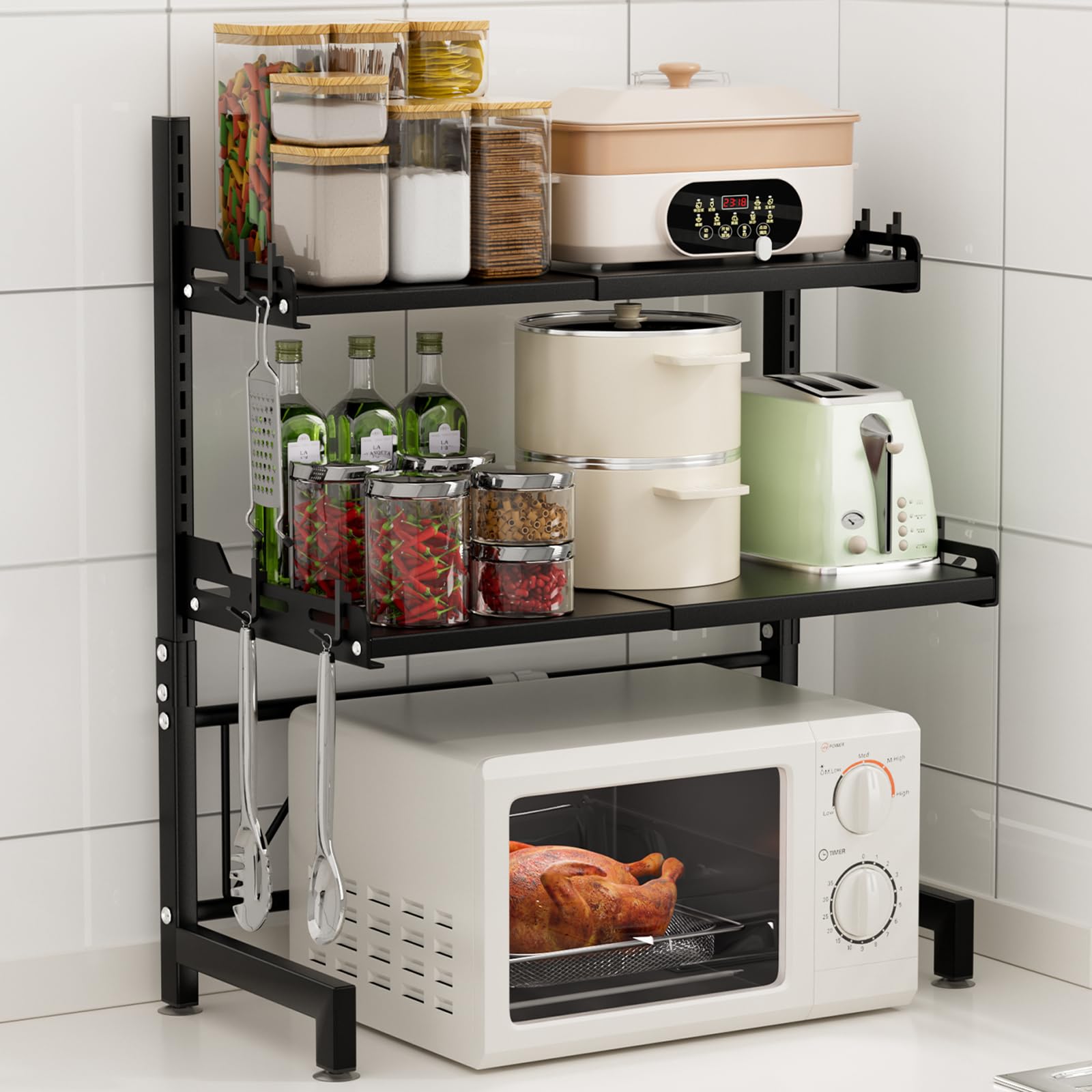 Microwave Worktop Stand 3-Tier with Hooks - Black 3-Tier-image-41ae7f04-0aef-471f-8093-212bc185ece4-95948