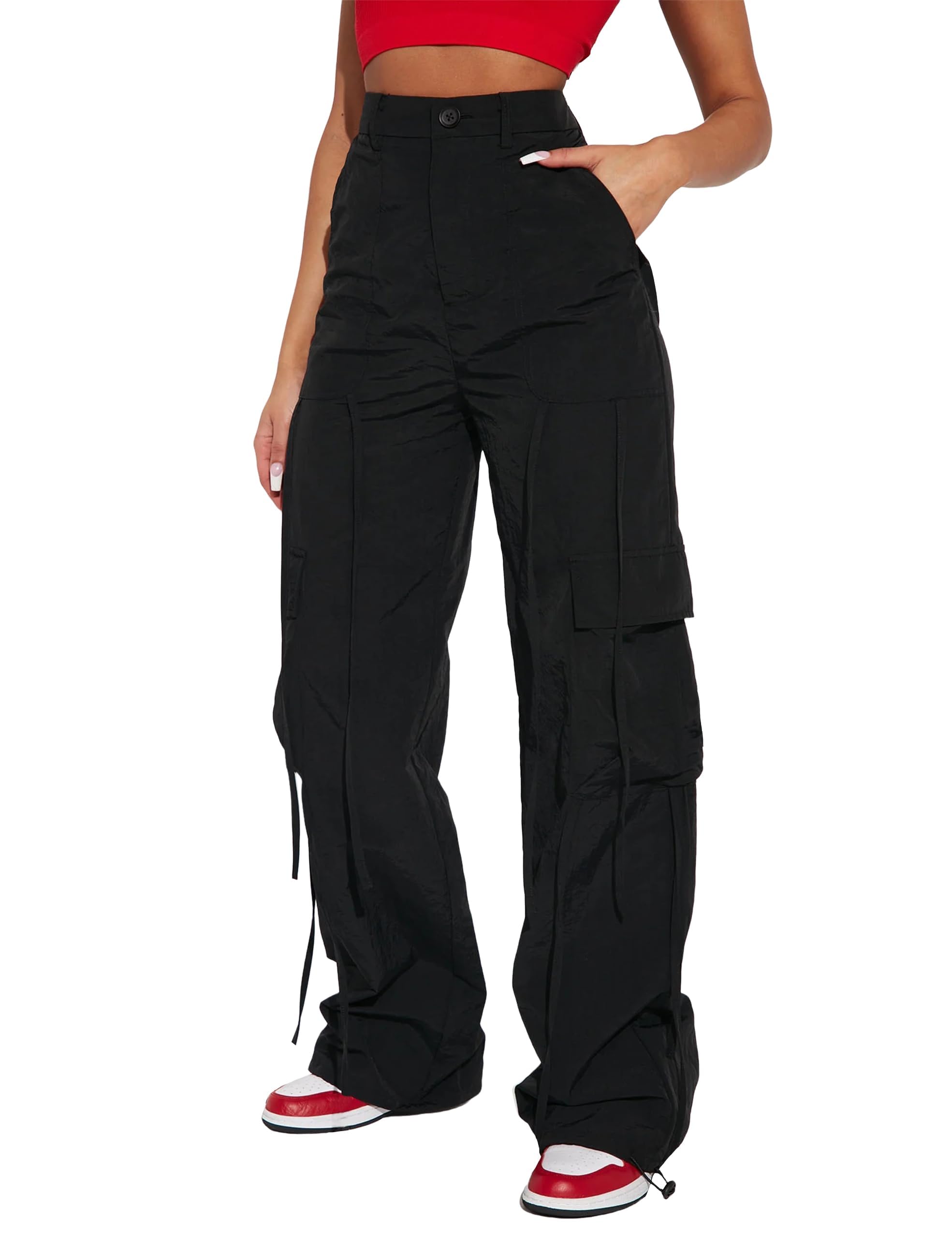 Women's Cargo Trousers Wide Leg - Black L