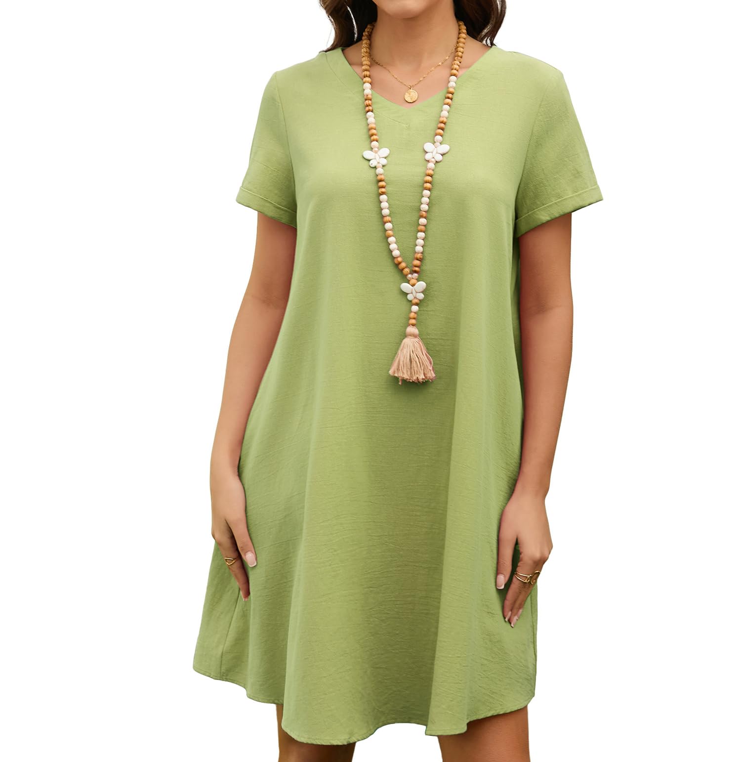 Women's Linen V-Neck Dress - Green S-image-53e127ad-e905-4de3-94b0-7643d226773f-119653