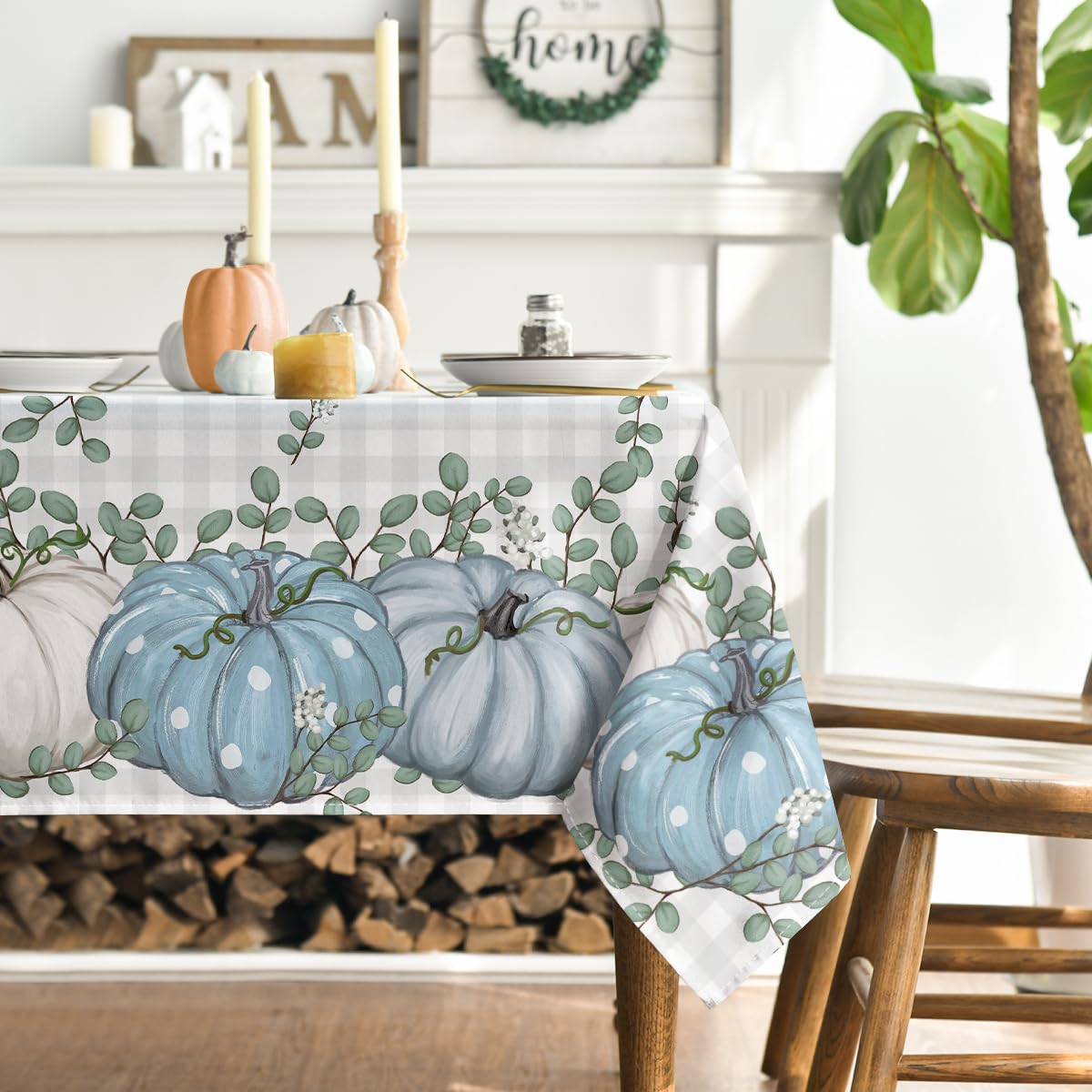 Artoid Mode Buffalo Plaid Pumpkins Eucalyptus Autumn Blue 140x160 cm