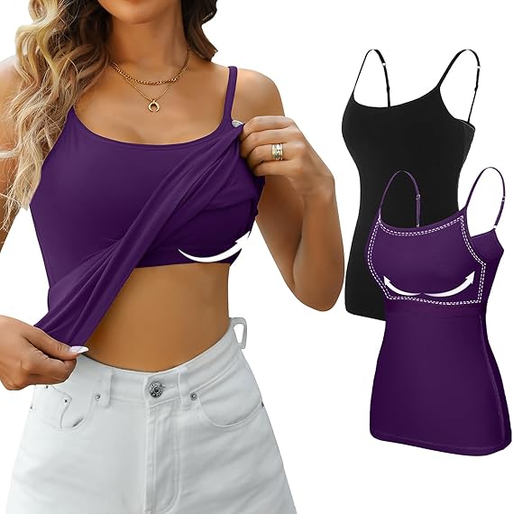 Women's Cotton Tank Tops with Shelf Bra - Pack of 2 (Black+Purple, M)-image-a36a48c7-5492-4816-96ea-365fdea23311-55127