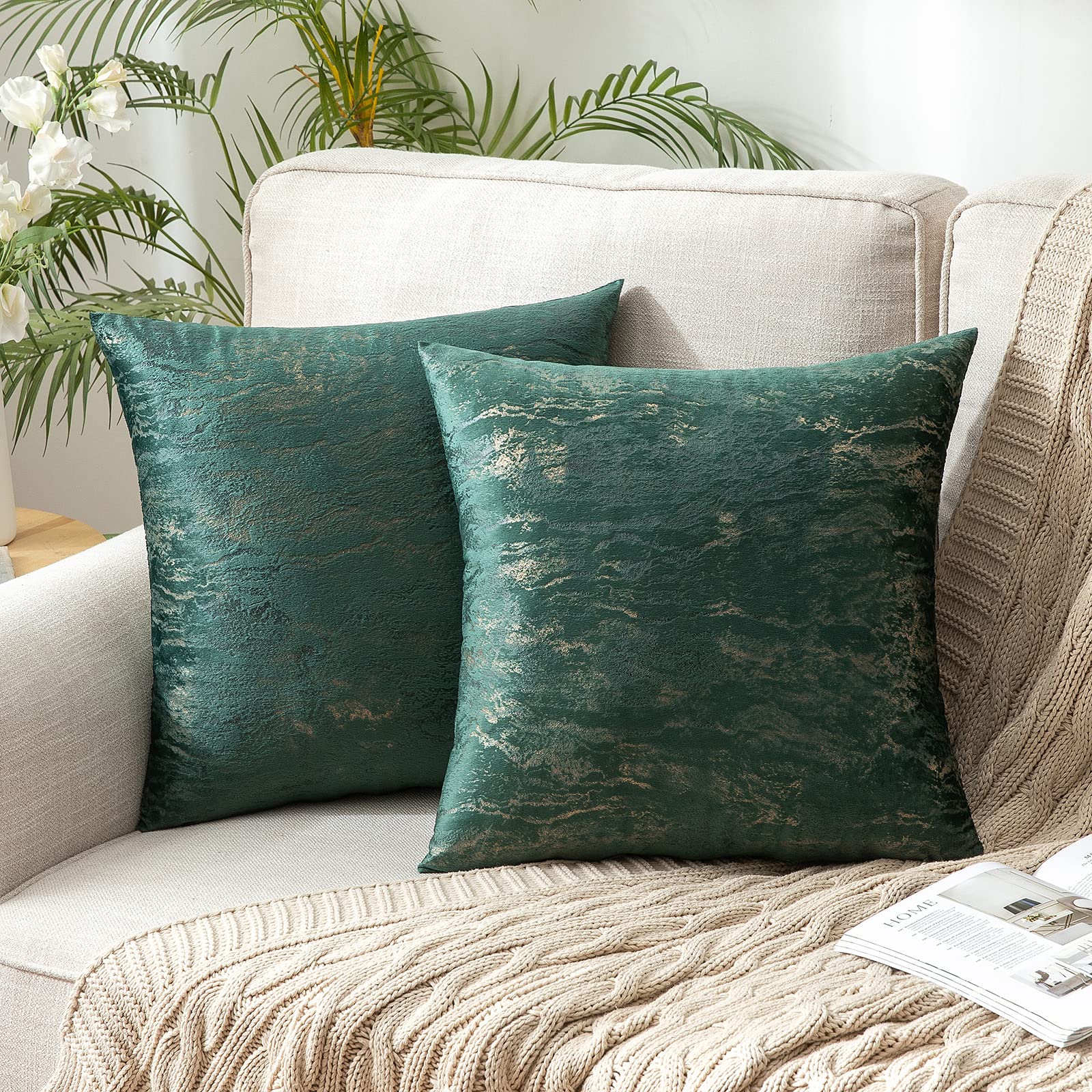 Velvet Cushion Covers Dark Green 20x20 Inch - Set of 2, Decorative Pillowcases for Sofa & Bedroom