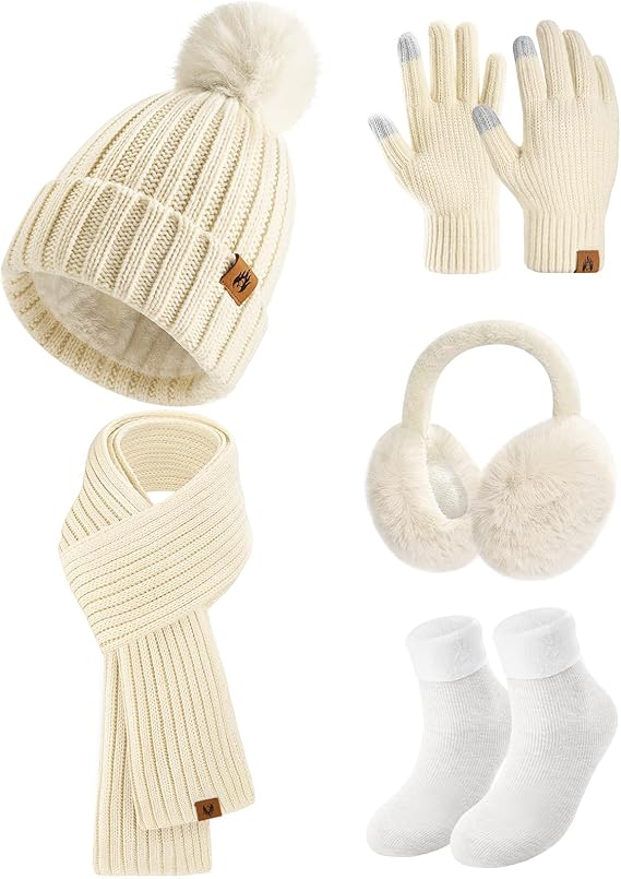Niwicee 5-Piece Knitted Hat & Scarf Set - Beige, Onesize-image-6f7fe53d-d029-4bd2-b9dd-998ee875645b-52811