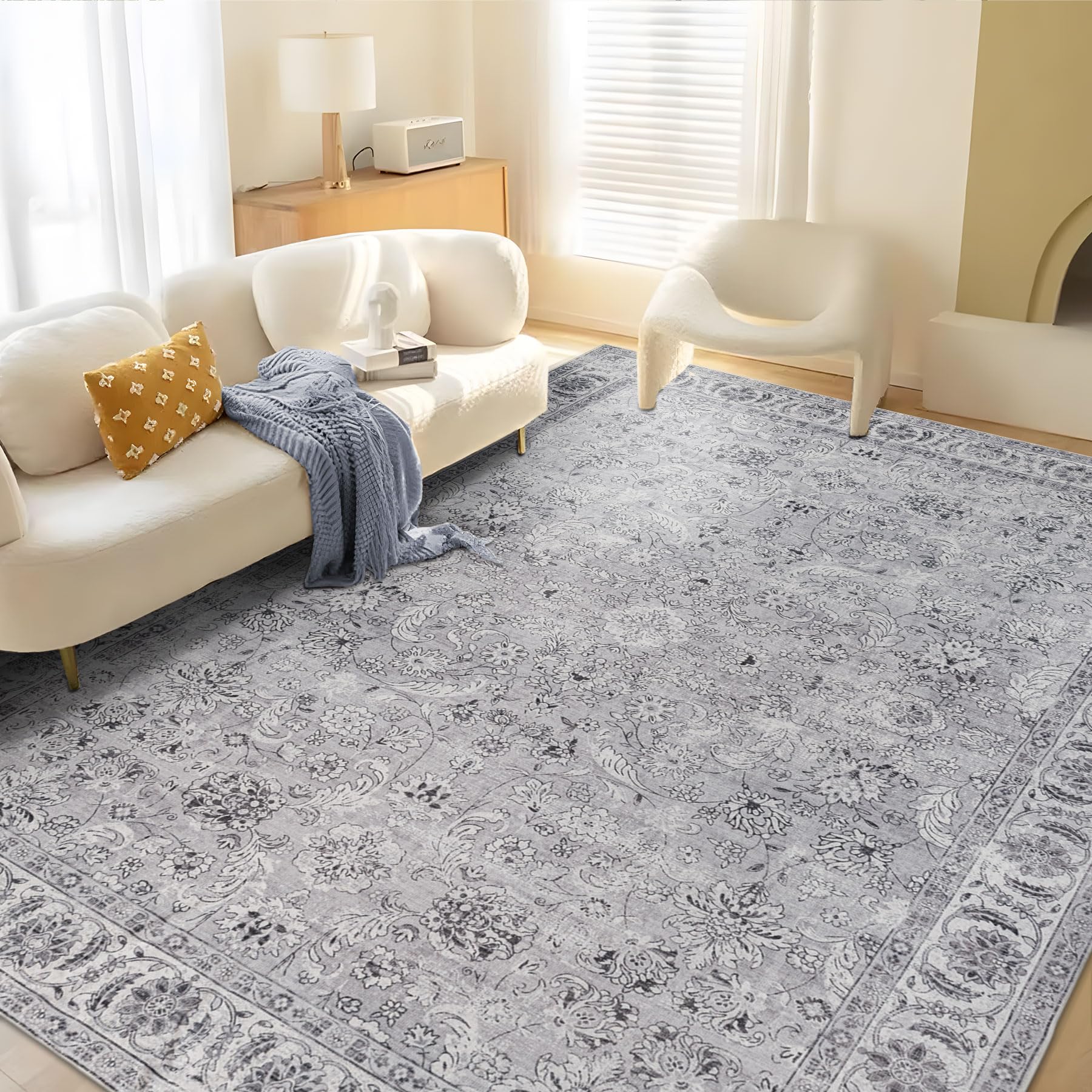 Washable Boho Rug Non Slip Carpet - Grey 120x170cm