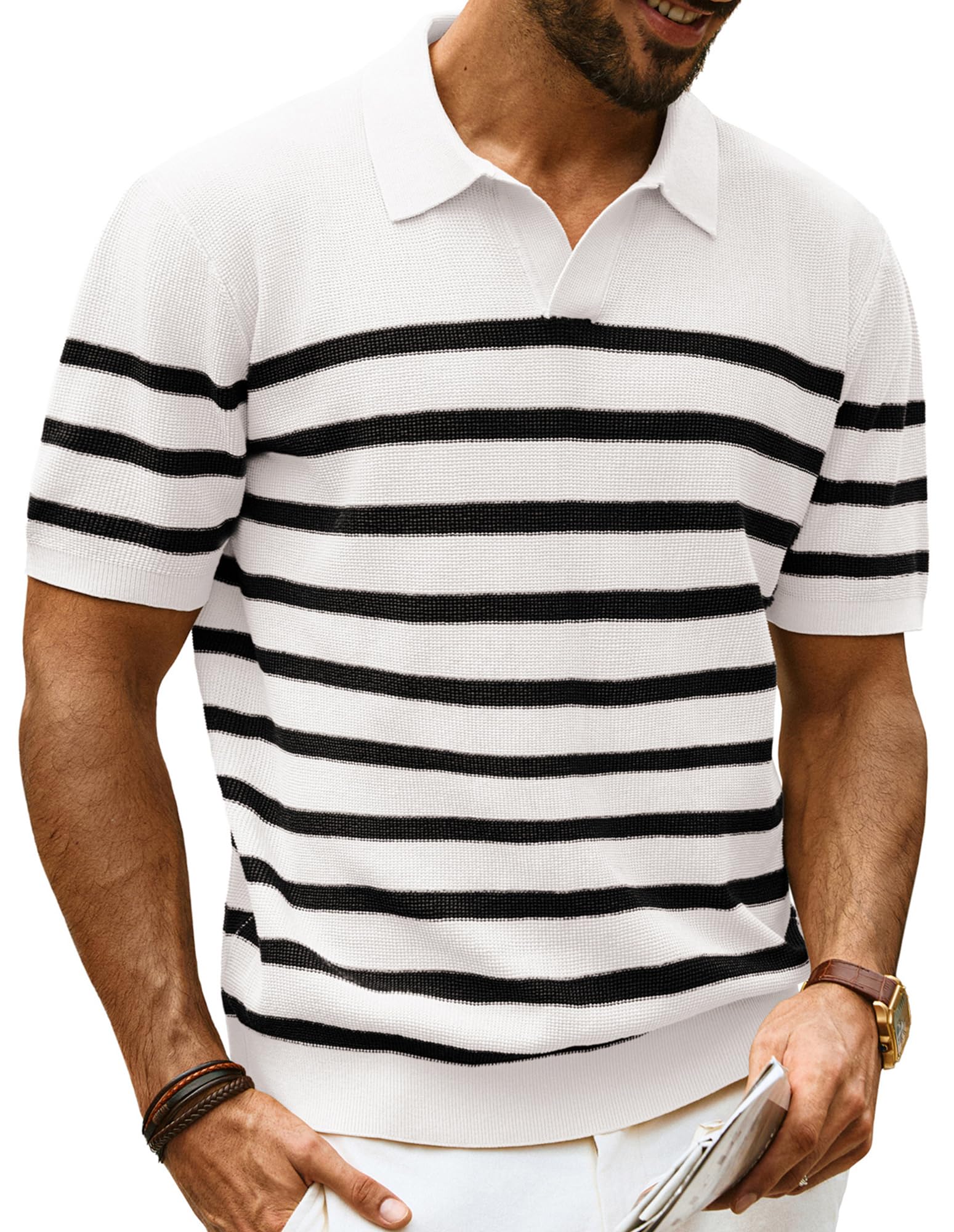 Knitted Polo Shirt V Neck Striped - White L-image-76042acc-bc21-45cf-8eea-d8f2ed4ba26f-89891