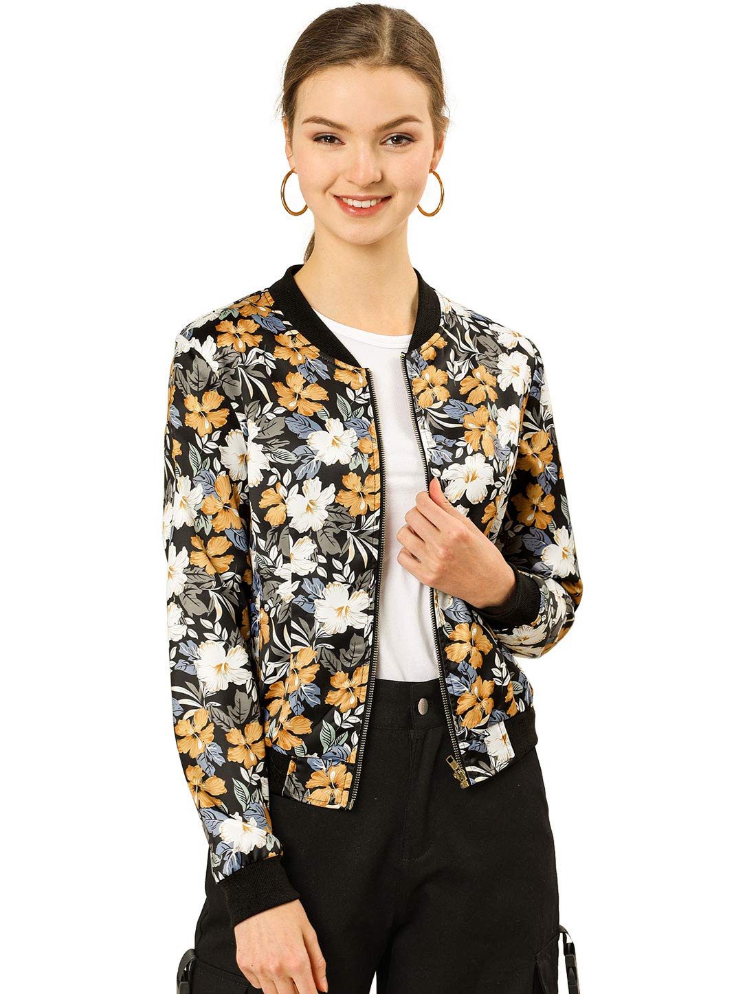 Women's Floral Bomber Jacket Zip Up - Black M-image-2c8df2e2-4559-44e4-879a-47cde6659fe7-100782