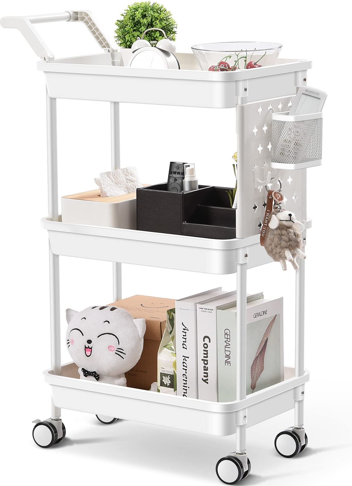 Kingrack Storage Trolley on Wheels, 3 Tier Rolling Cart with Handles, Kitchen Storage Cart, Livroom Book Trolley, Multi-Purpose Storage Organiser, White