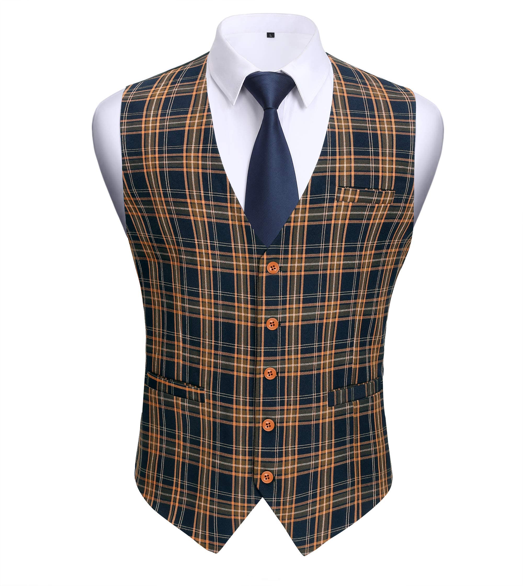 Men's Check Waistcoat Formal - Navy Blue/Orange XS-image-672dd6ae-384c-4534-a71e-38ad9c933375-103389