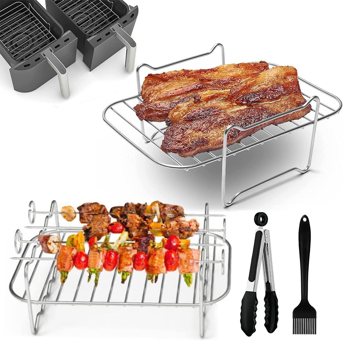 2 Pack Air Fryer Rack with Skewers & Brush, Stainless Steel, Fits Ninja Dual AF300UK, AF400UK-image-c5981c5b-c5c9-4604-aedd-37b0e929f4ba-58575