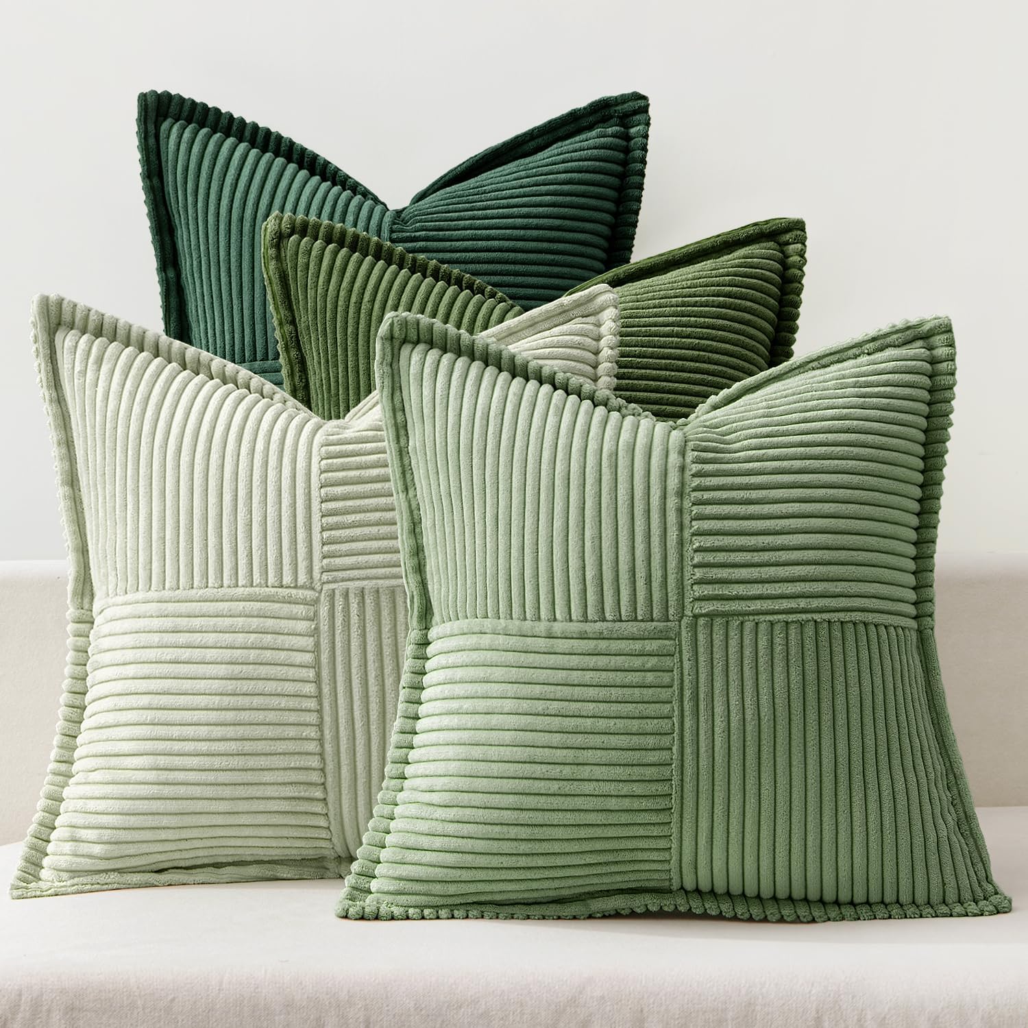 Corduroy Christmas Cushion Covers 4 Pack - Modern Patchwork Design, Soft Decorative Pillowcases 16x16 Inch, Green