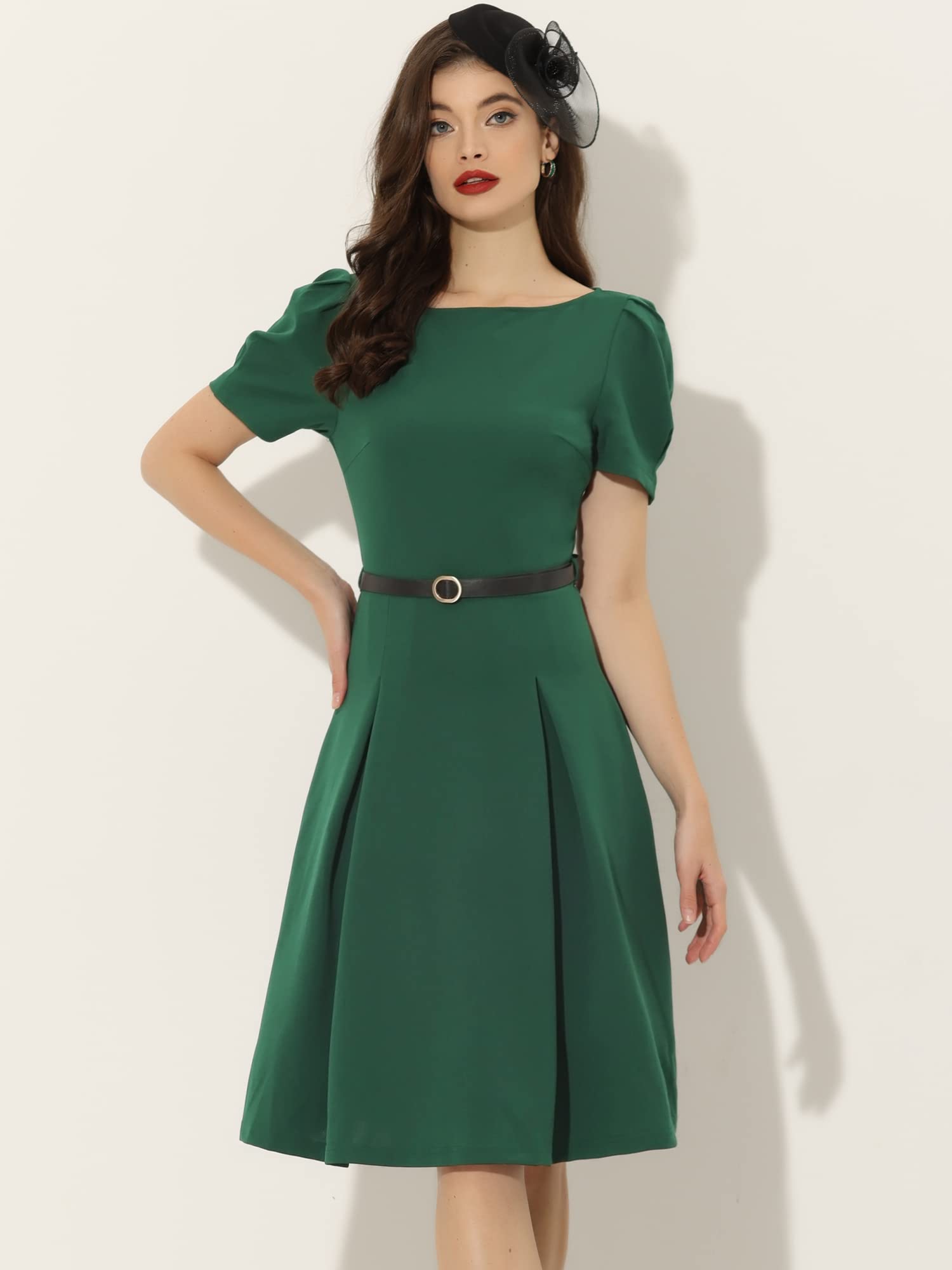Women'S Elegant Dark Green Work Dress With Belt - Perfect For Office And Women'S Elegant Dark Green Work Dress With Belt - Perfect For Office And
