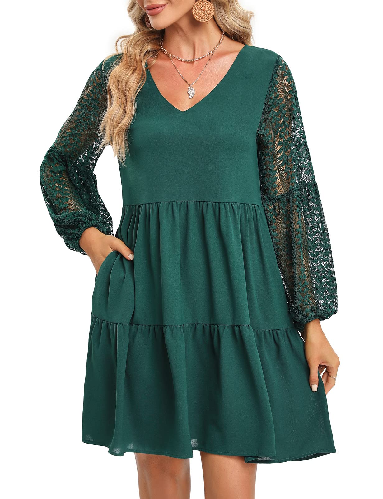 Spring Summer Womens Dresses Swing Short A Line Mini Dress V Green)