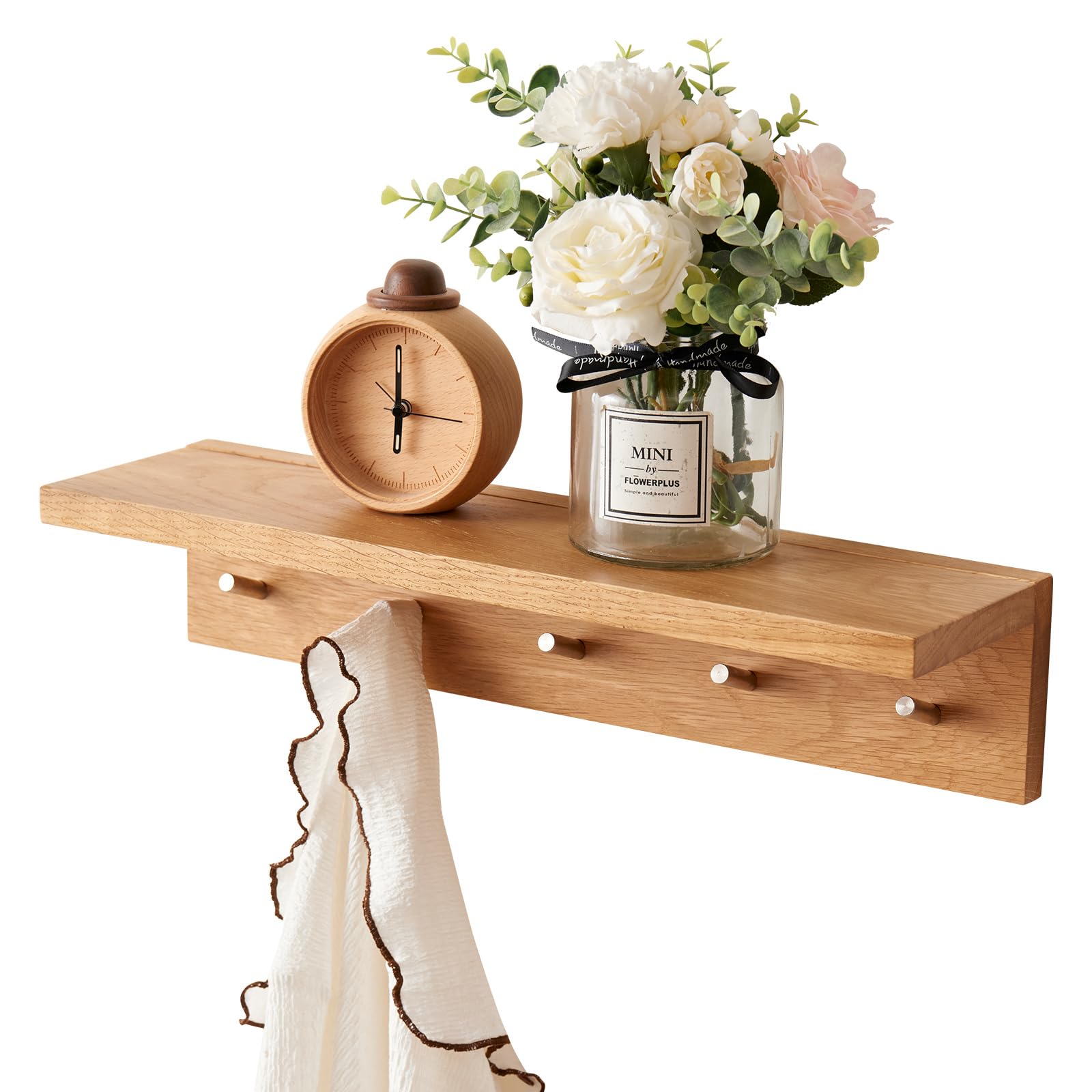Solid Oak Floating Shelf with Hooks - Wall Mounted Display for Bedroom, Living Room, Bathroom, Office, Laundry (50 CM)-image-5e16d3b4-6812-480e-893a-4ecc2e0239e9-2358