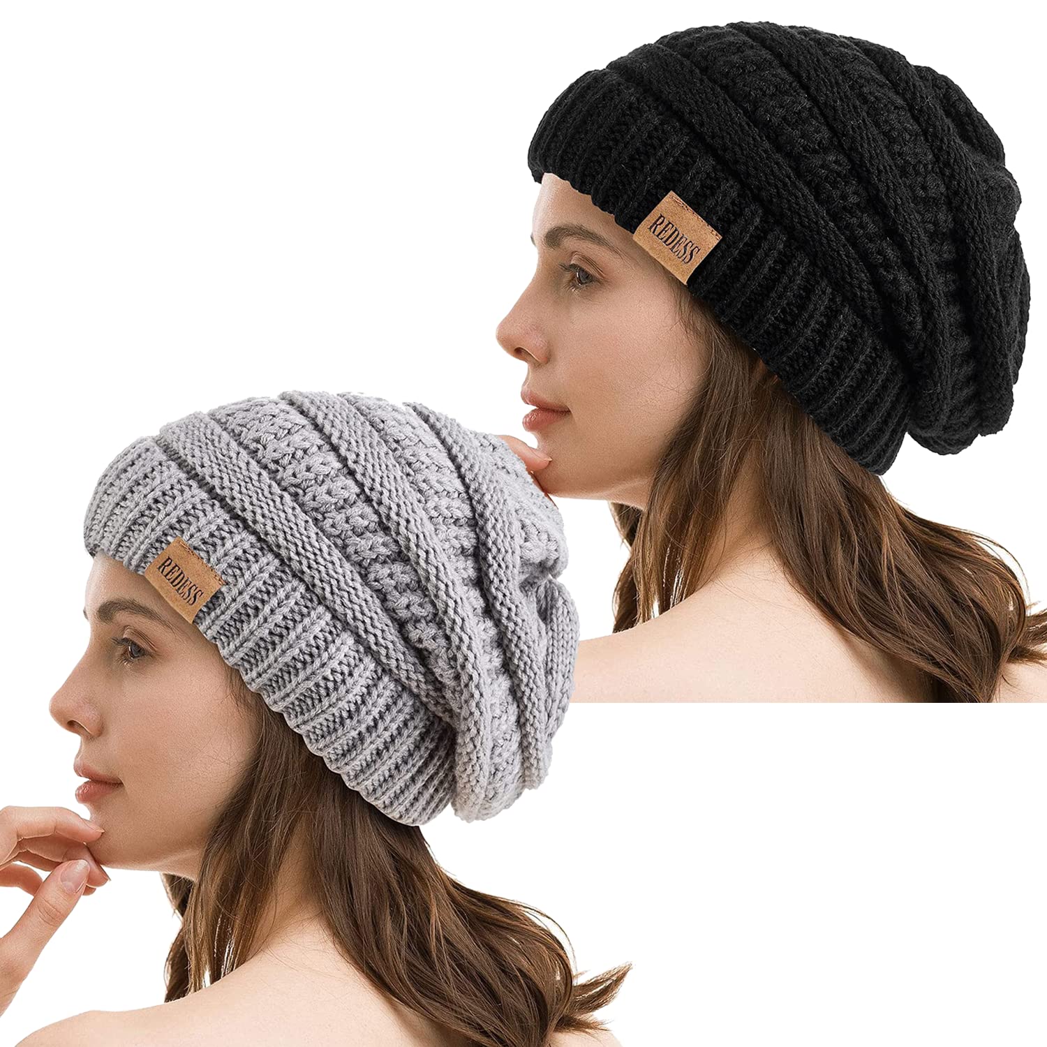 Women's Slouchy Beanie Hat - Black+Grey One Size-image-f49796c7-56b4-45e9-bbc8-106f199f1e44-109881