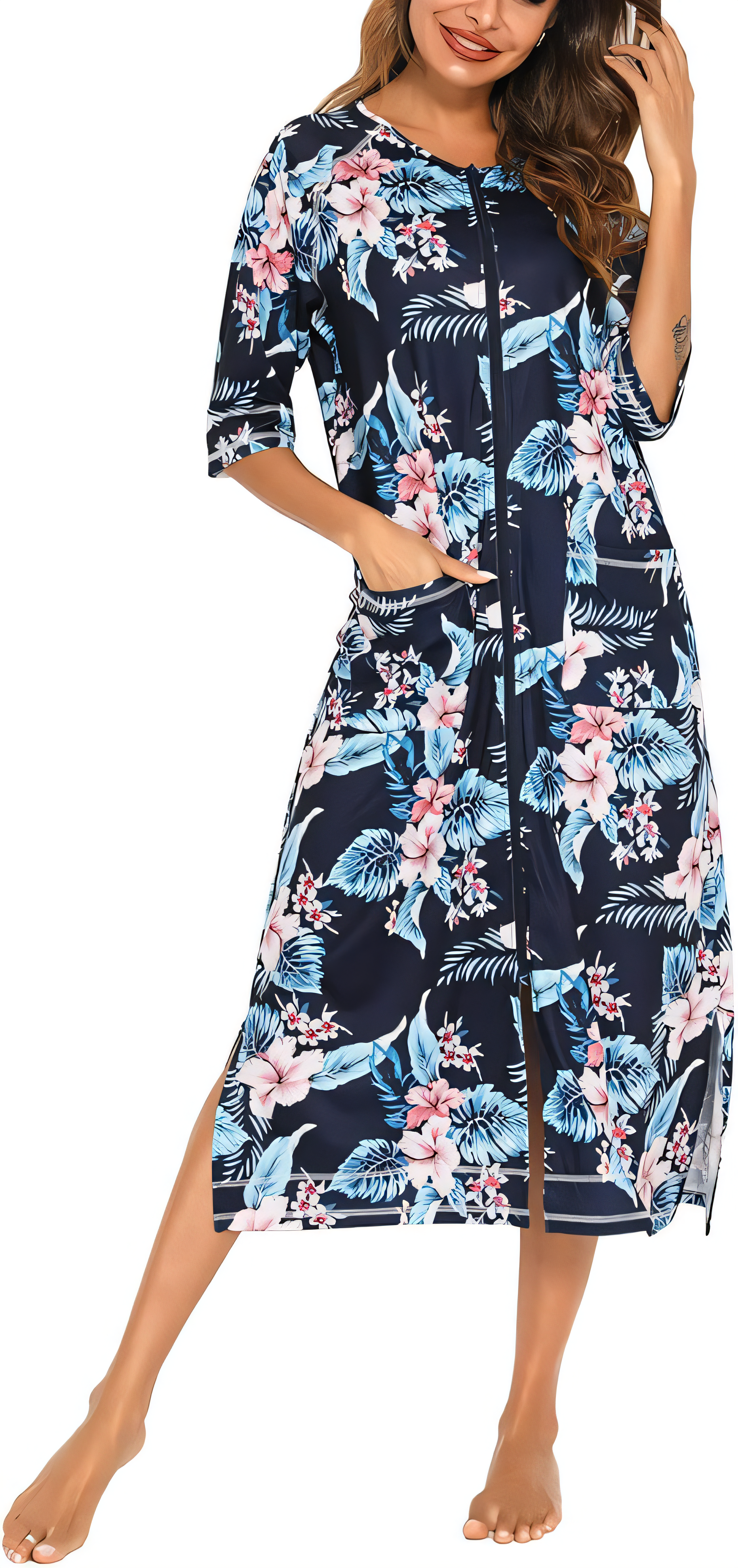 Half Sleeve Duster House Coat - Navy Floral M-image-fb177436-122a-4644-84c6-2485b1f13154-81706