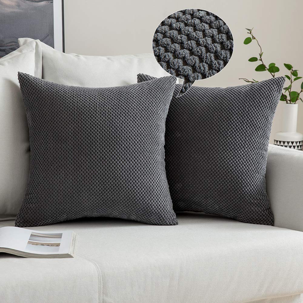 Corduroy Cushion Covers, 2-Pack, Dark Grey, 45x45cm, Decorative Pillowcases with Invisible Zipper