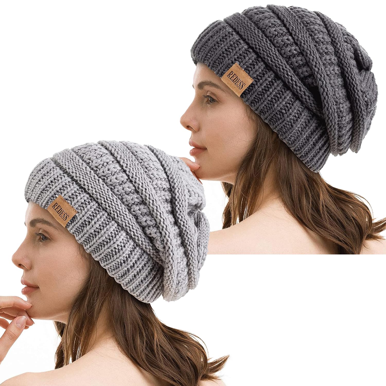 Women's Slouchy Beanie Hat - Dark Grey+Grey One Size-image-e044a7c7-5c44-43de-9063-1c4b6460c81e-111481