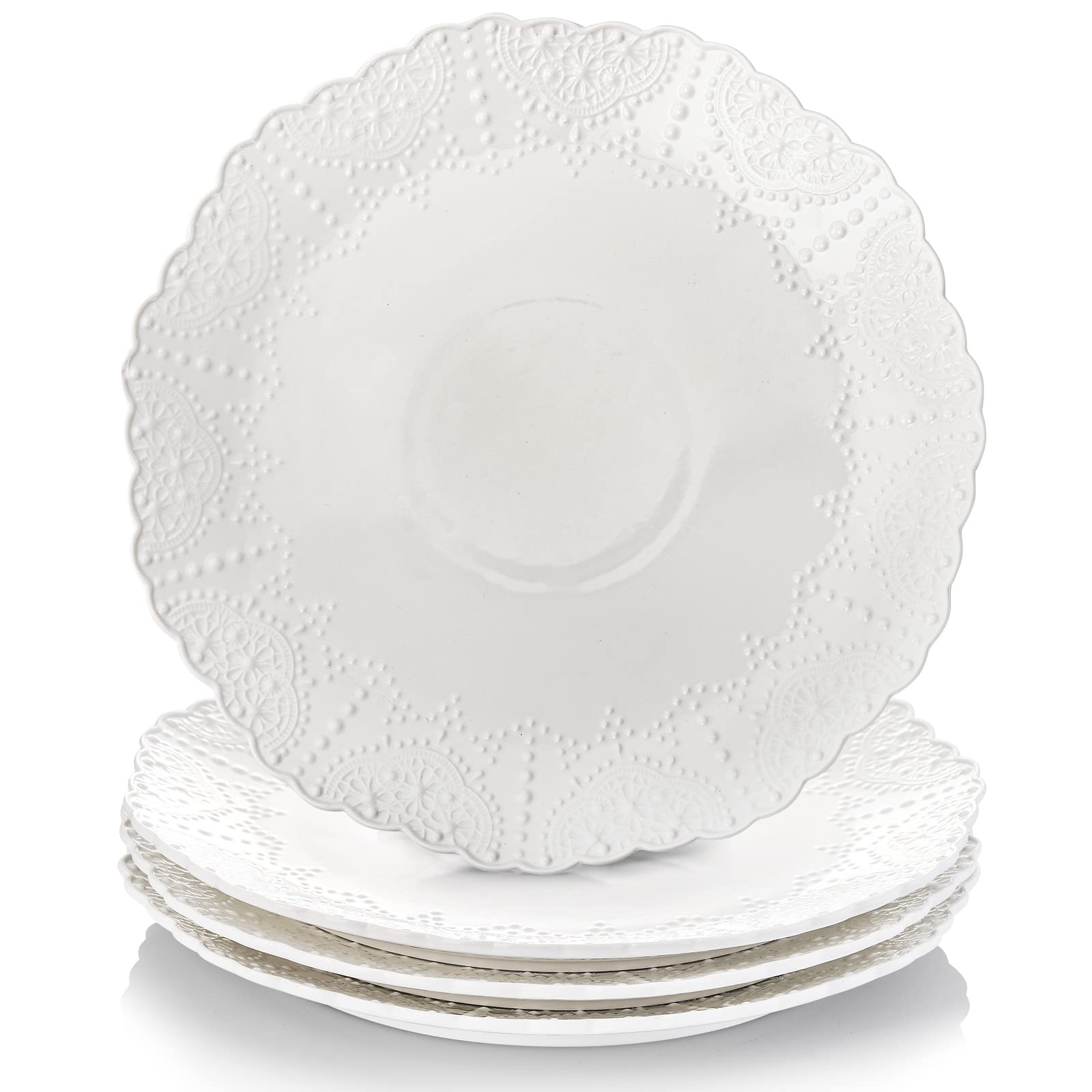 4 Ceramic Dinner Plates Embossed Lace Pattern - White 11.5 inch-image-8be35738-7973-49c5-862c-f312e352ea02-97482