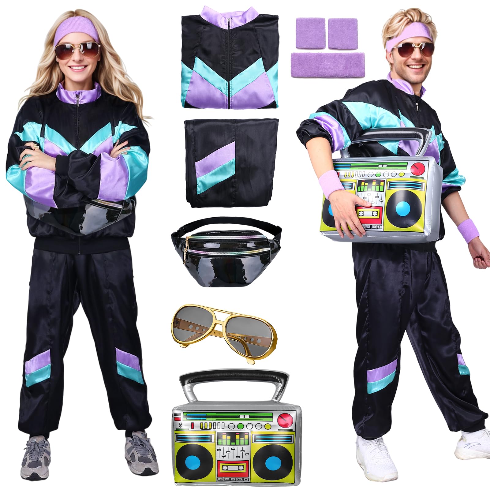 80s 90s Retro Fancy Dress Costume Set For Men & Women With Tracksuit, Acc