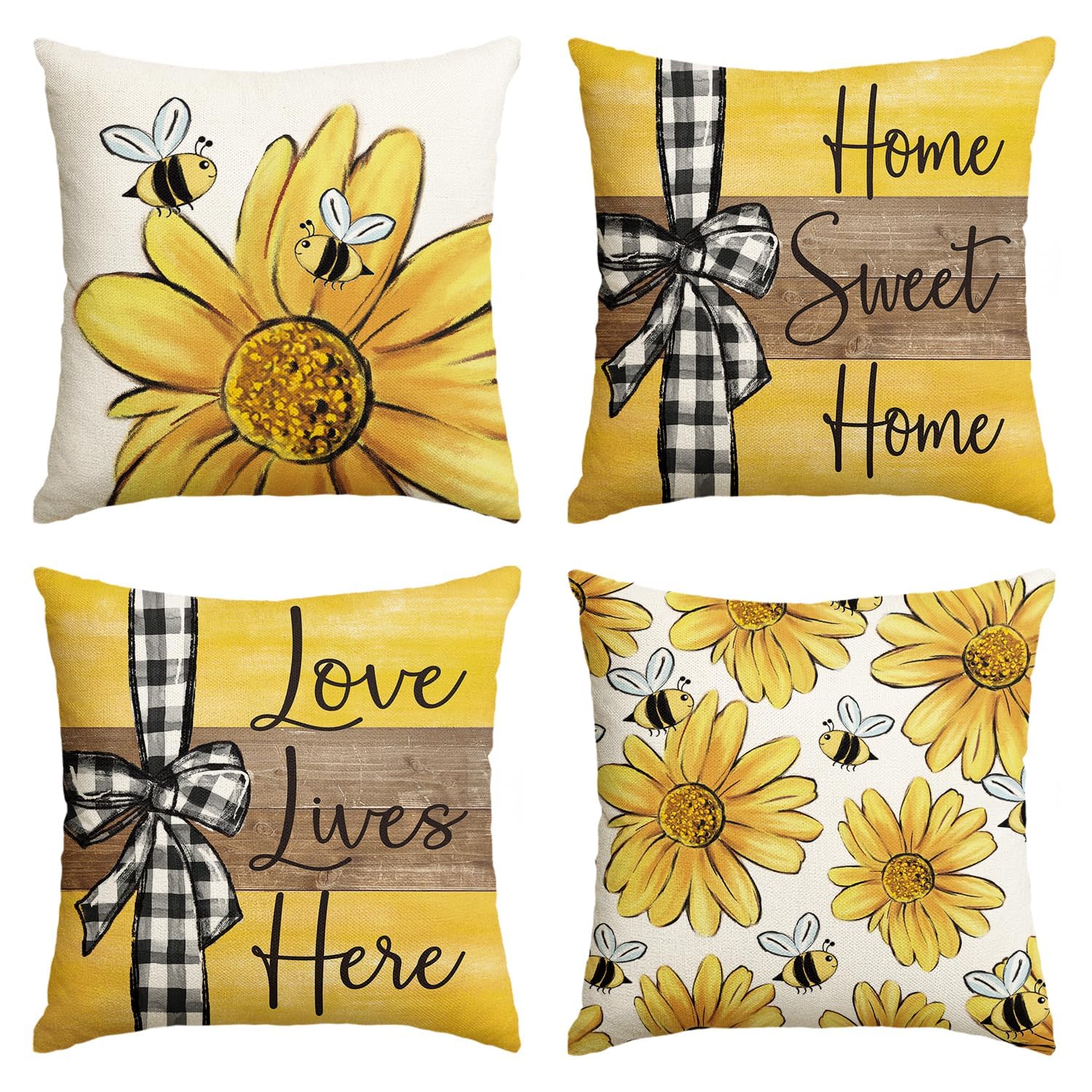 Bee & Sunflower Cushion Covers Set - Yellow 45x45 cm