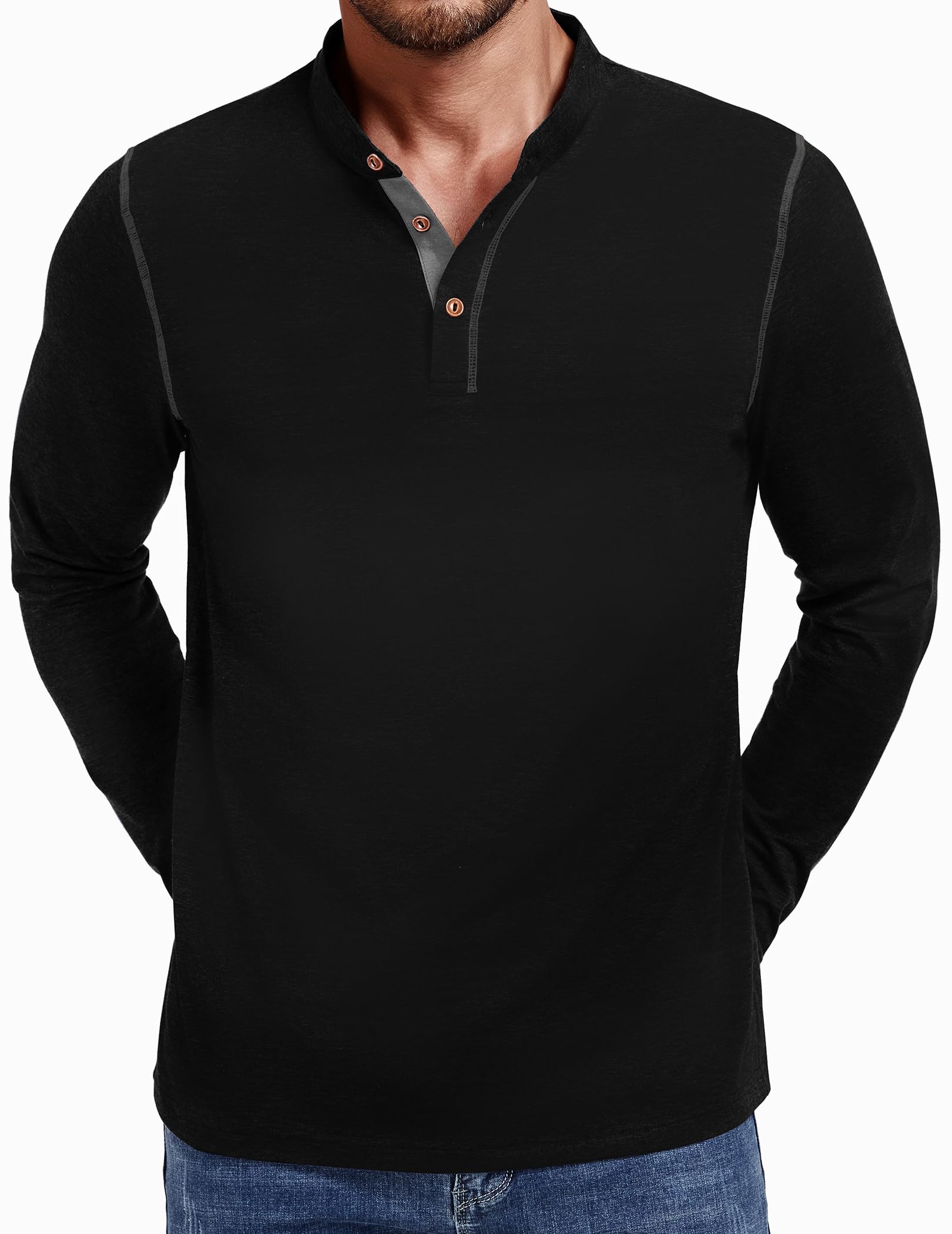 Men's Cotton Henley Shirt - Black Large