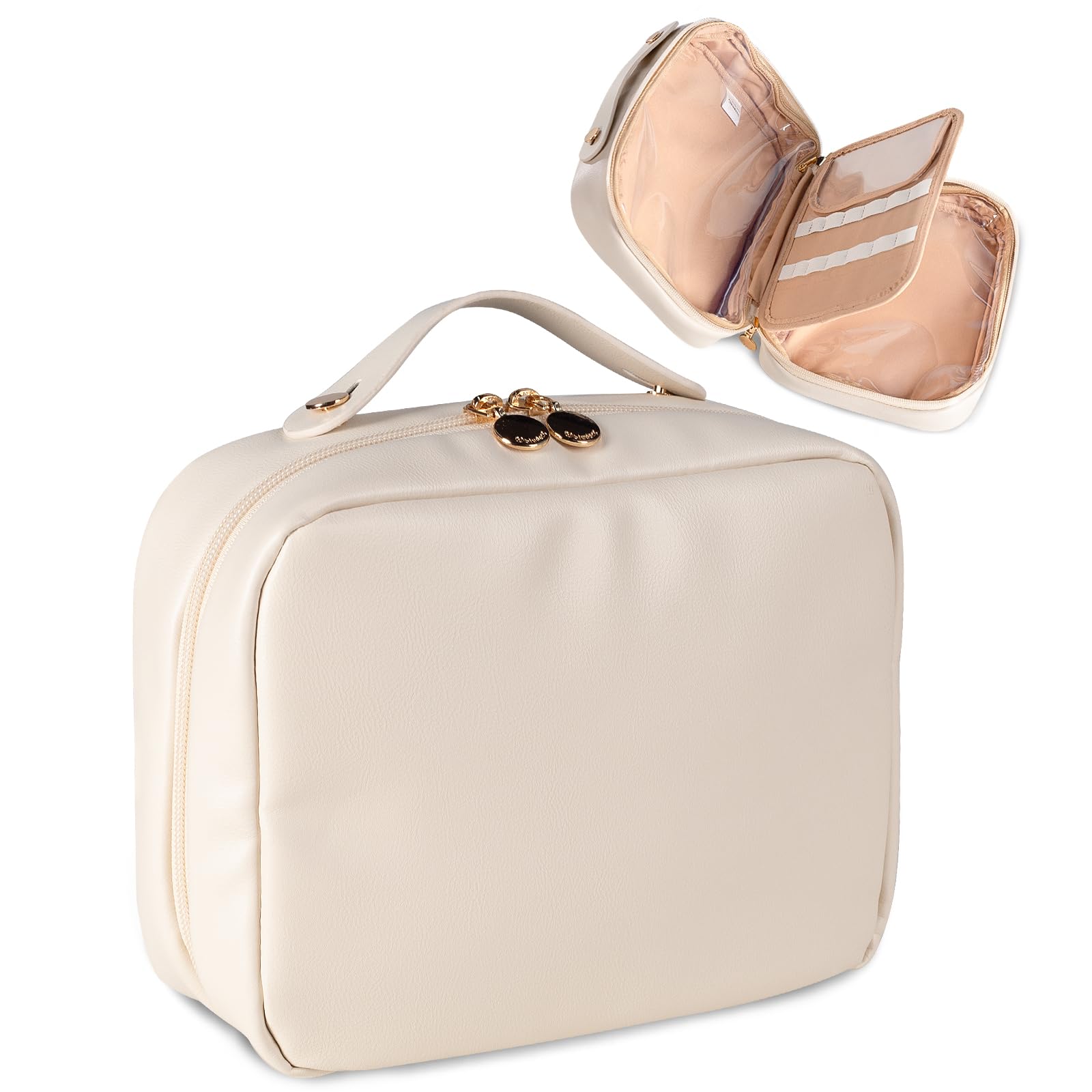 Wide-Open Travel Makeup Bag With Brush Compartments, Beige - Water