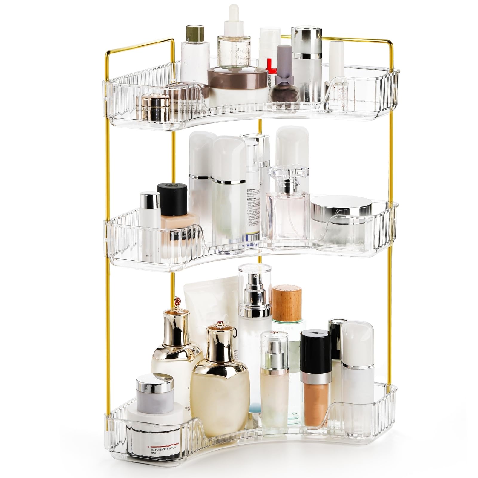 3-Tier Corner Bathroom Organiser, Clear Shelf Storage with Gold Pole, Skincare & Cosmetic Holder for Vanity & Kitchen-image-fc88ef51-d671-4a95-9816-9863dbcaaec5-69754