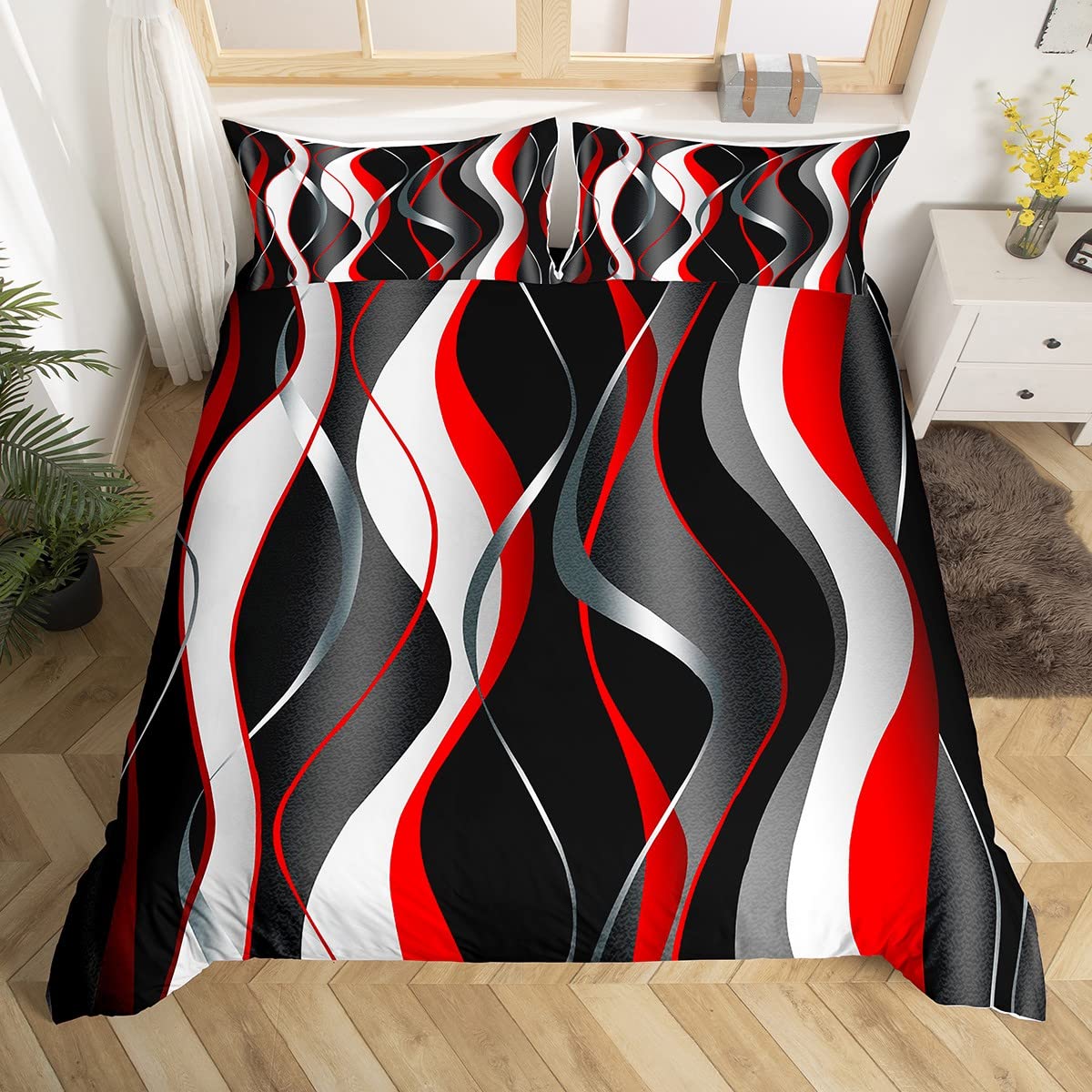 Grey Duvet Cover Set Geometric Spiral Pattern Red Black White 1-image-04530b9d-c1eb-4342-8e5c-74ac16b5b062-57442