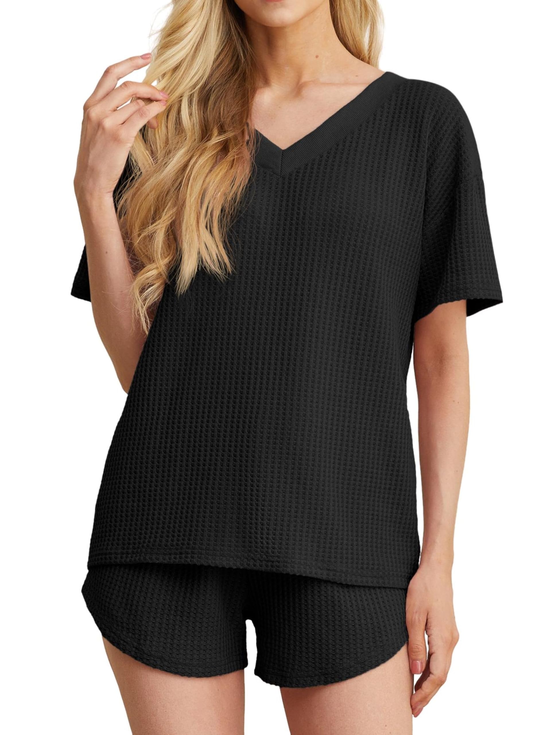 Women's Soft V-Neck Waffle Knit Pyjamas Set - Short Sleeve Lounge Wear with Pocketed Shorts-image-6e99eada-4d79-4cdc-bf98-70f499e1cc46-68597