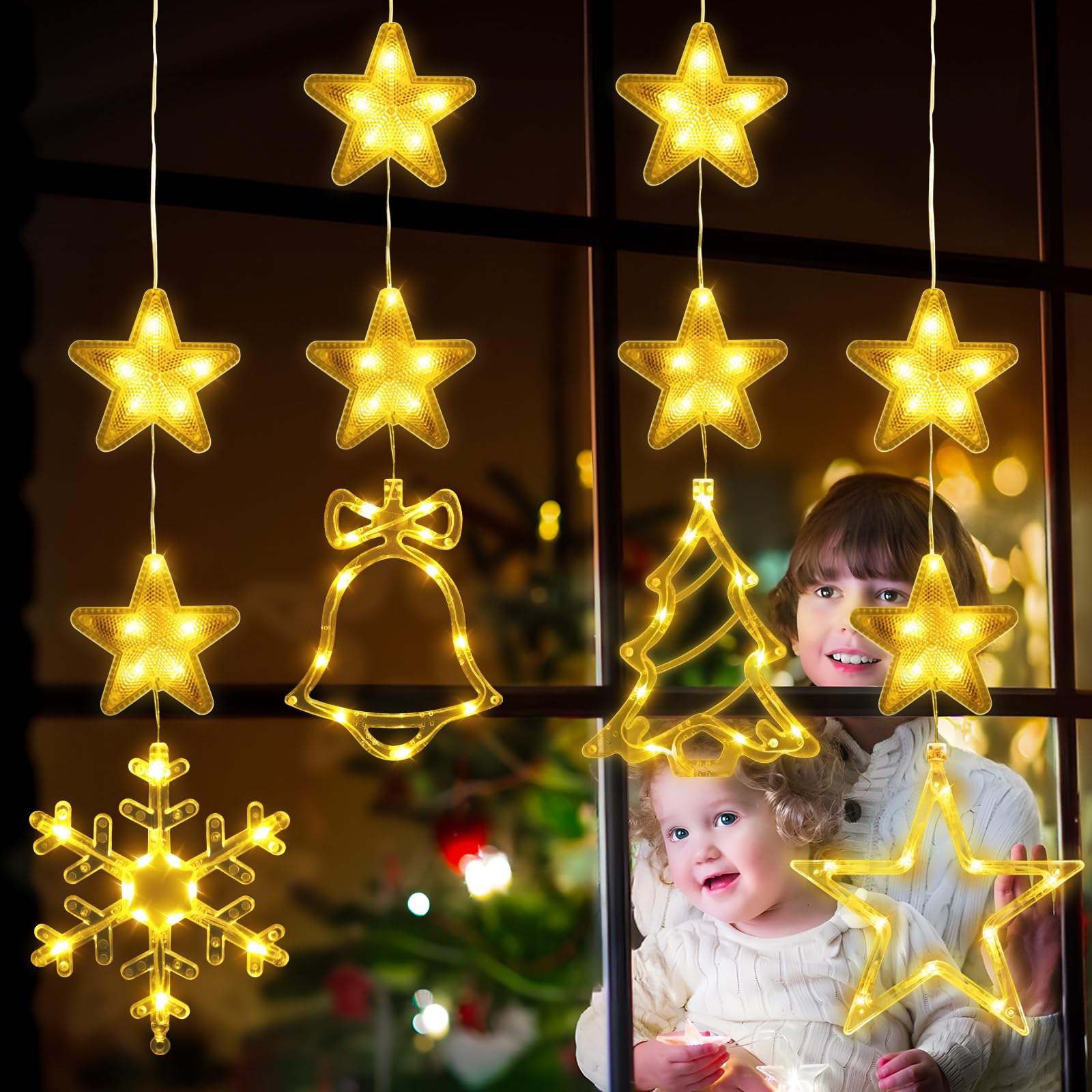 Festive LED Christmas Window Lights - 4 Pc Set with Suction Cups: Star, Tree, Snowflake, Bell