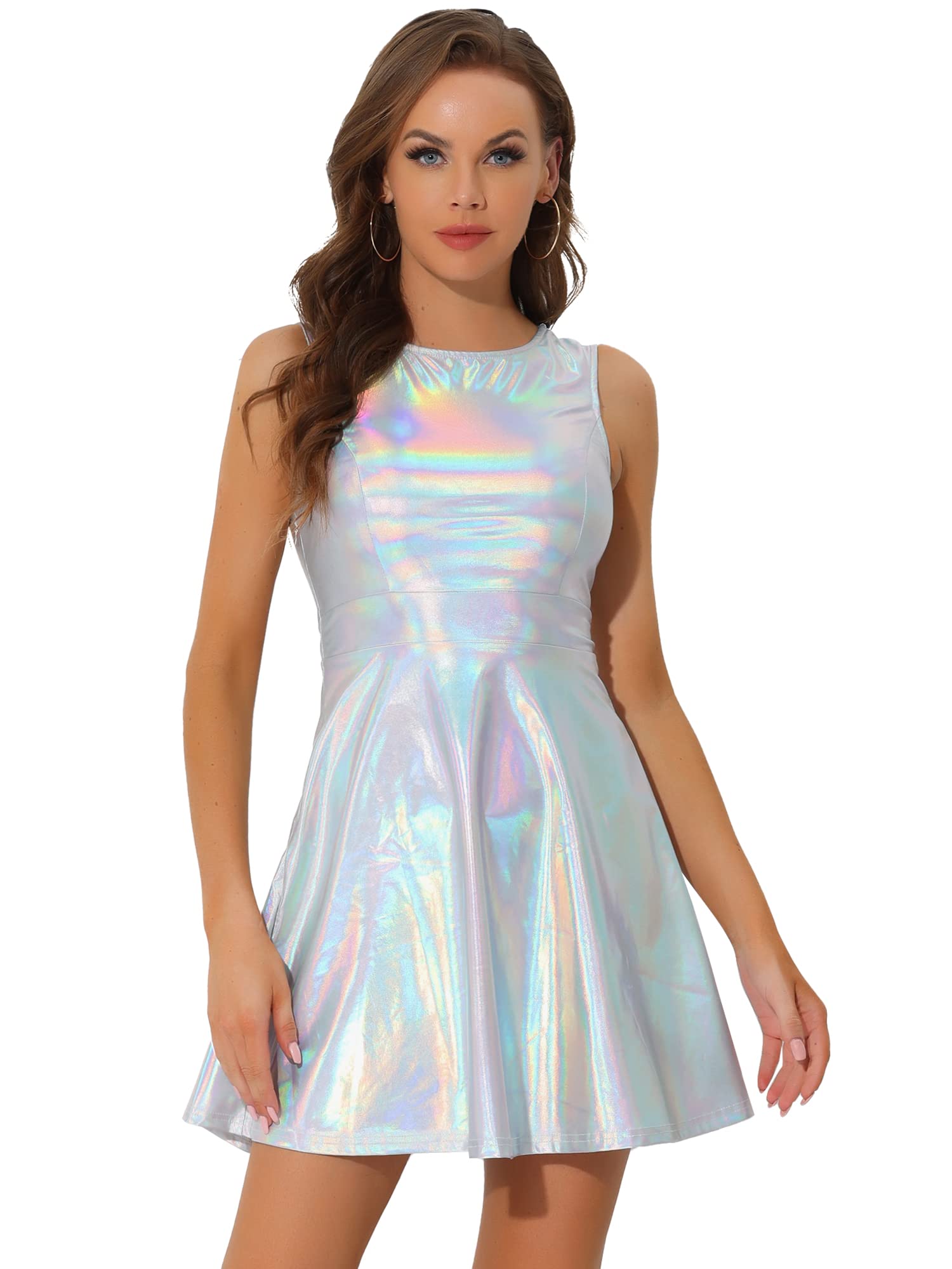 Women's Metallic Flare Dress - Silver 12-image-90e758c9-d703-49c4-9d0c-9599f6d72b64-85641