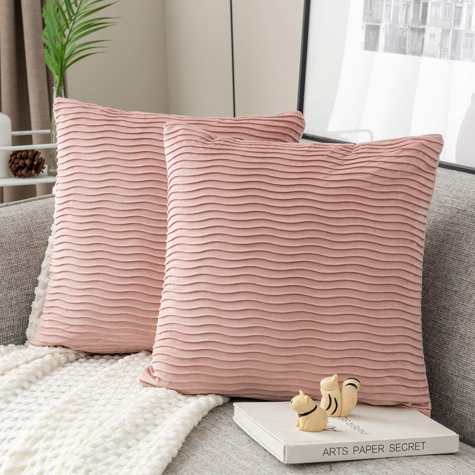 16x16 Inch Pink Velvet Cushion Covers 2 Pack - Decorative Wave Pattern for Sofa & Bed