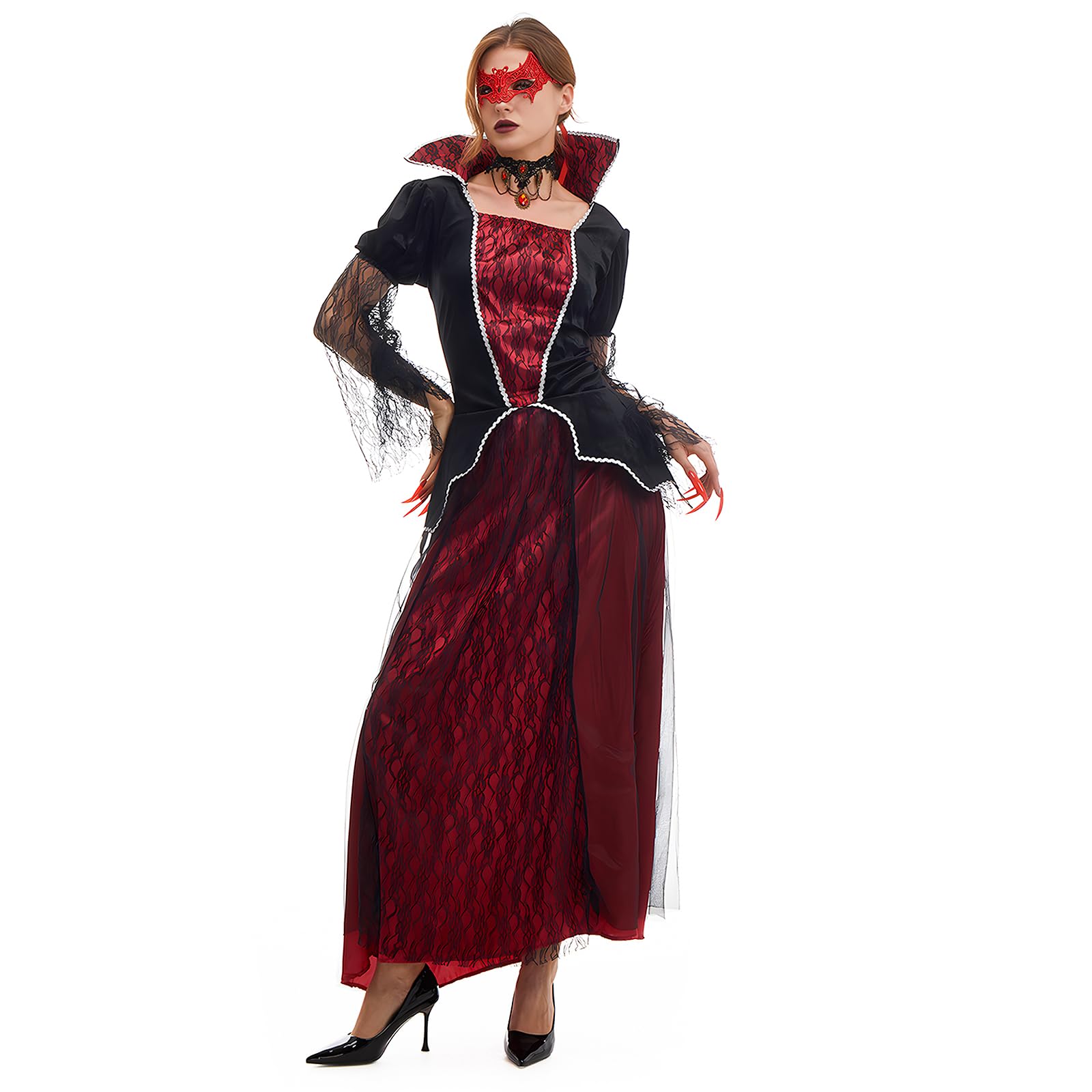 4-in-1 Vampire Fancy Dress for Women - Includes Dress, Necklace, Lace Mask & Nail Stickers [X-Large]-image-bbb3d510-eaec-45aa-b861-8dacd1d86a62-66200